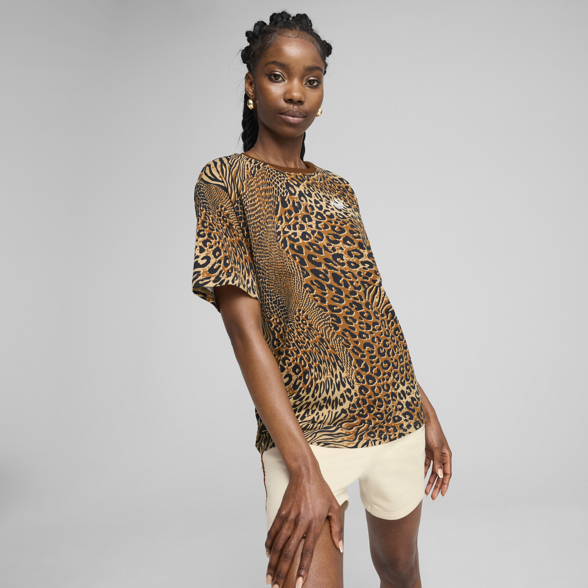 Puma Essentials Graphic Animal Relaxed T-Shirt Damen | Mit Animal Print | Warm Beige | Größe: M