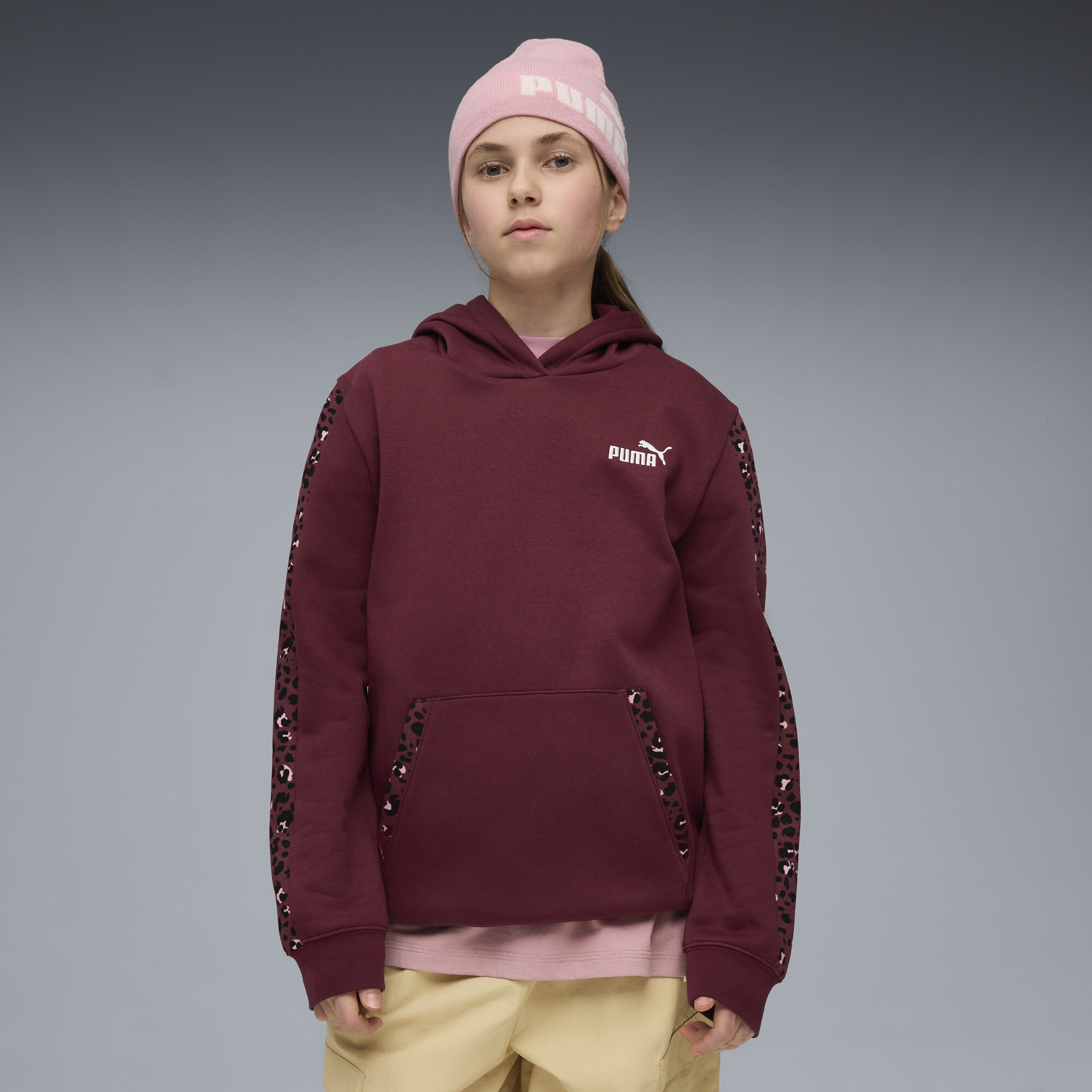 PUMA Essentials Animal Print Big Kids' Fleece Hoodie in Red, Size S