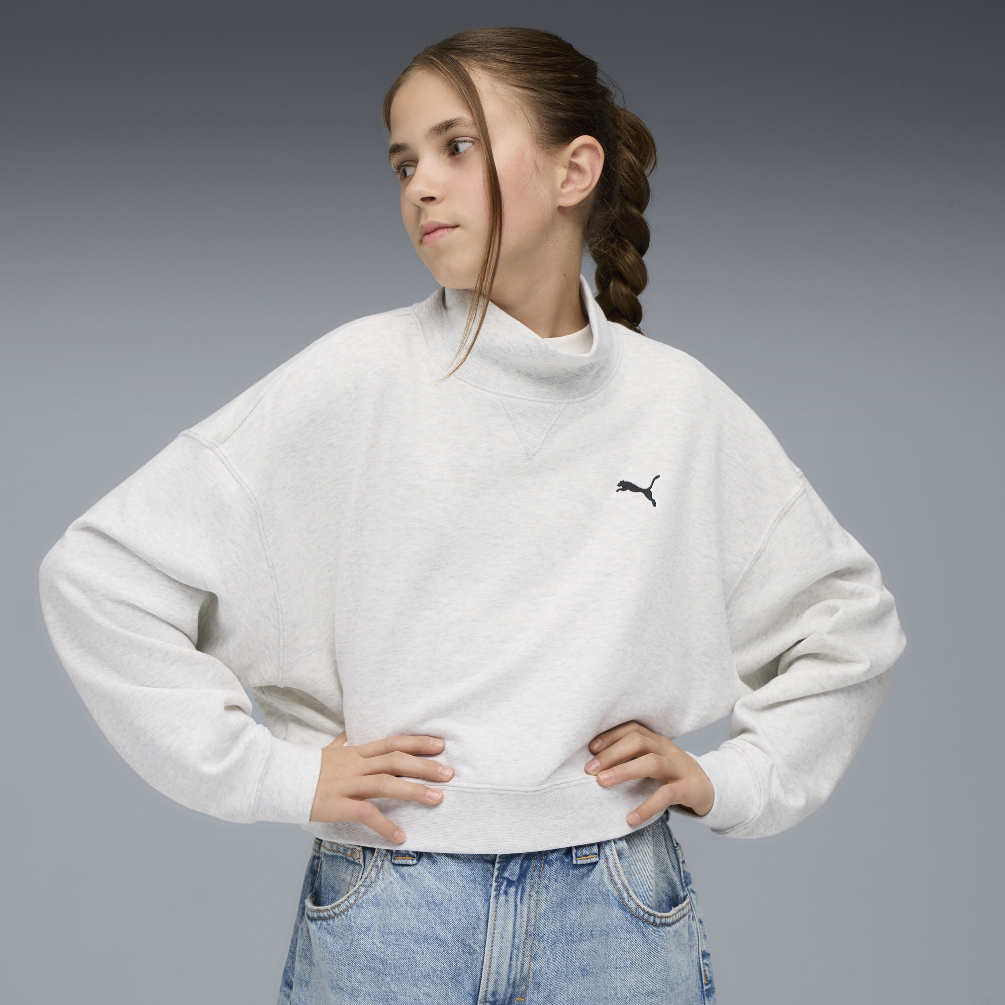 PUMA Wardrobe Essentials Big Kids' Crew Neck Sweatshirt in White, Size XS