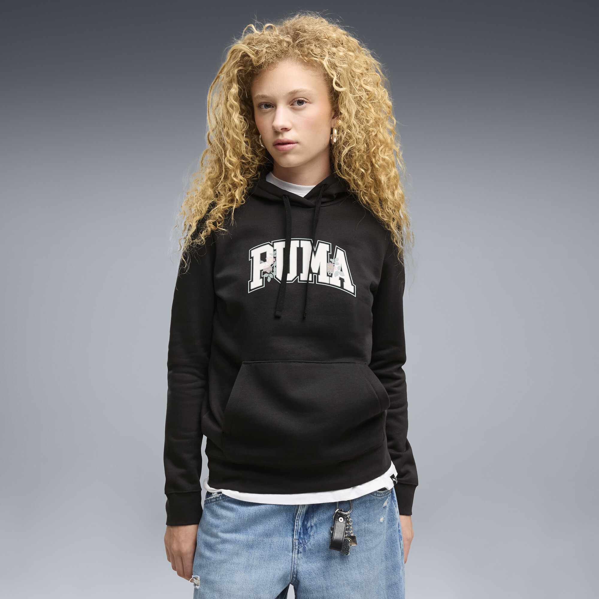Chandail à capuchon PUMA Essentials Varsity Florals pour femme, Noir, Adulte M | 689749_01