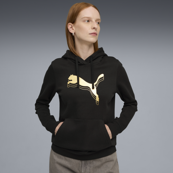 Essentials Metallic Hoodie Women, PUMA Black-Metallic Gold, large-ZAF
