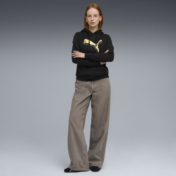 Essentials Metallic Hoodie Women, PUMA Black-Metallic Gold, large-ZAF