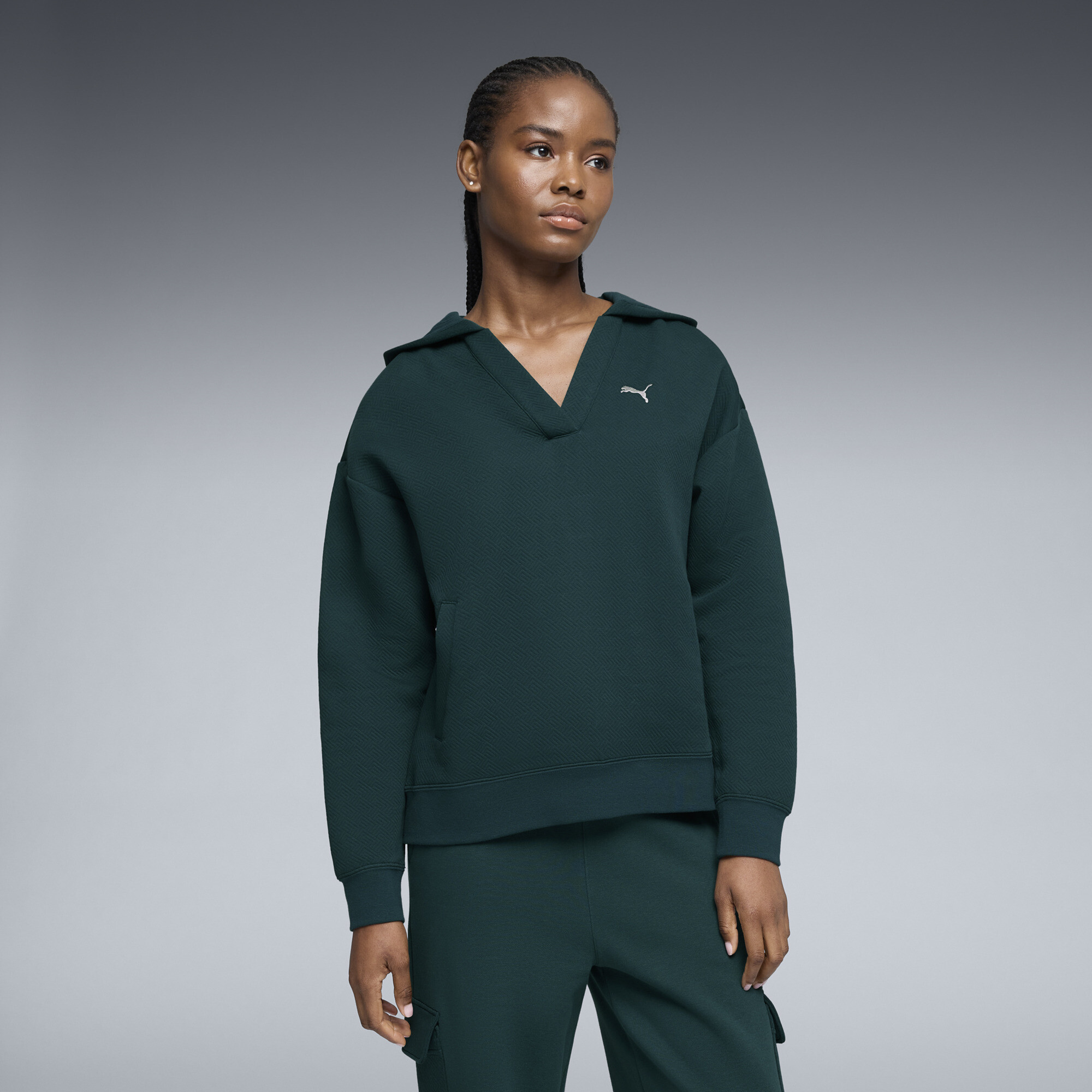 PUMA Elevated Essentials Women's Jacquard Hoodie in Green, Size L