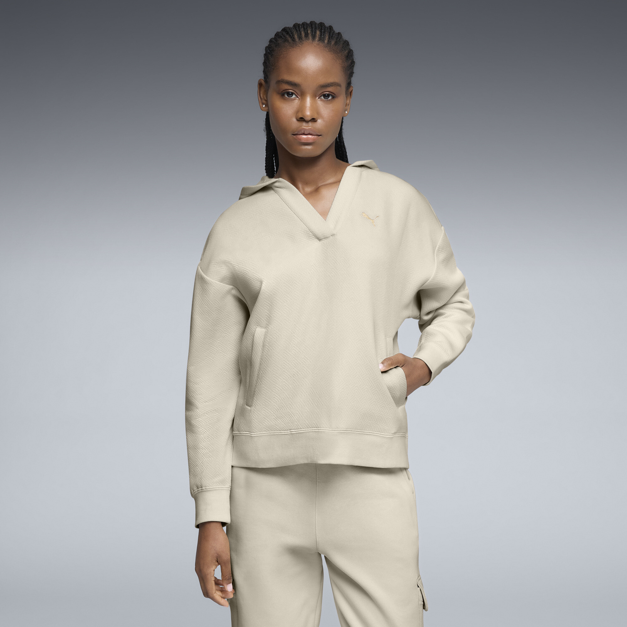 PUMA Elevated Essentials Women's Jacquard Hoodie in White, Size XL