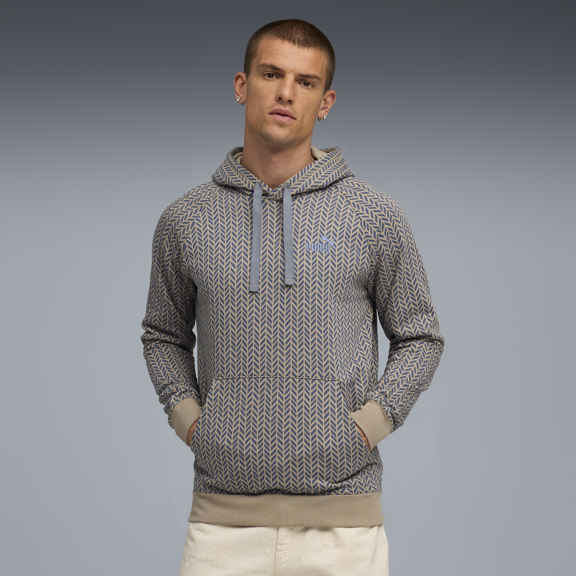 Puma Essentials Herringbone Aop Hoodie Men In Gray