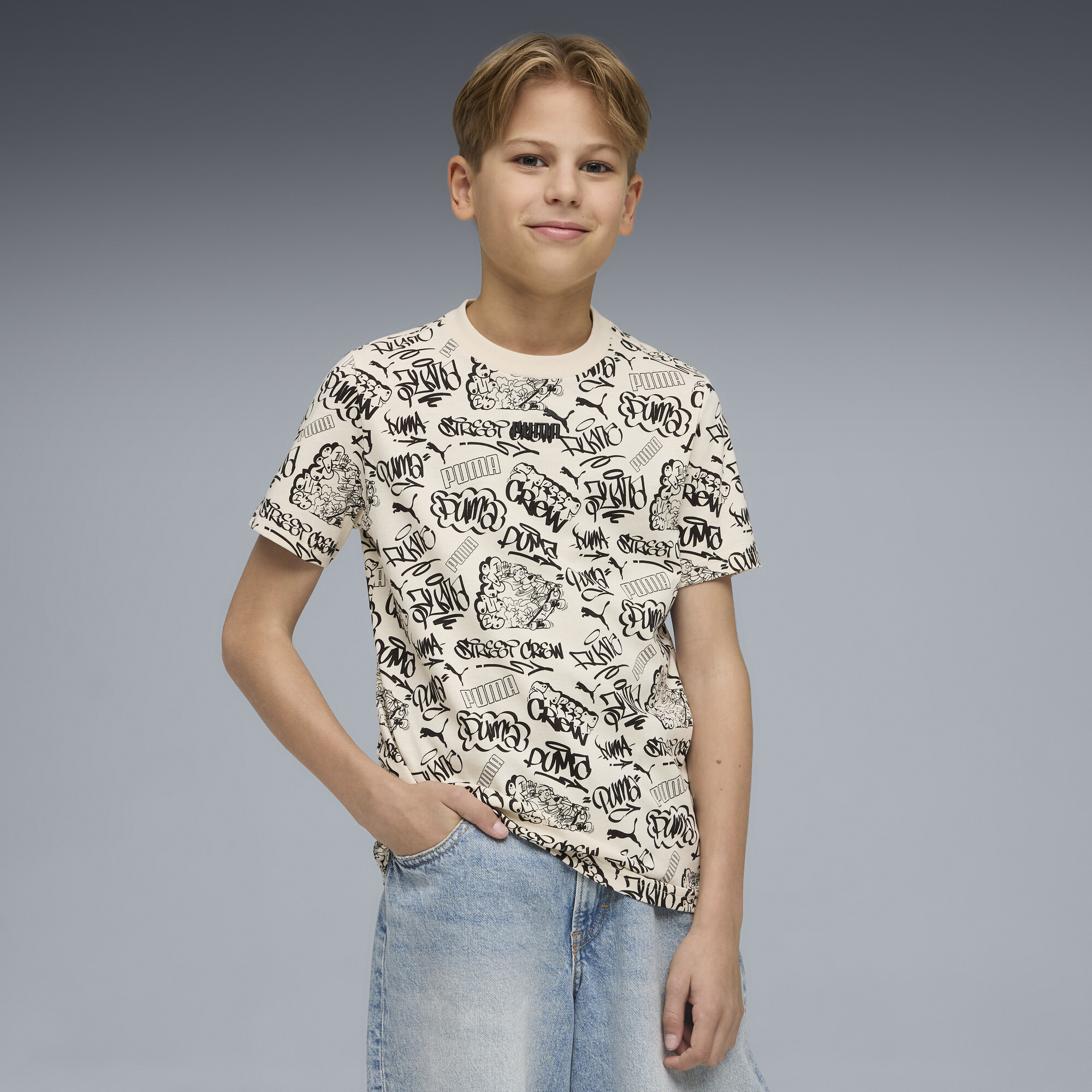PUMA Mid 90s Big Kids' Patterned T-Shirt in White, Size S