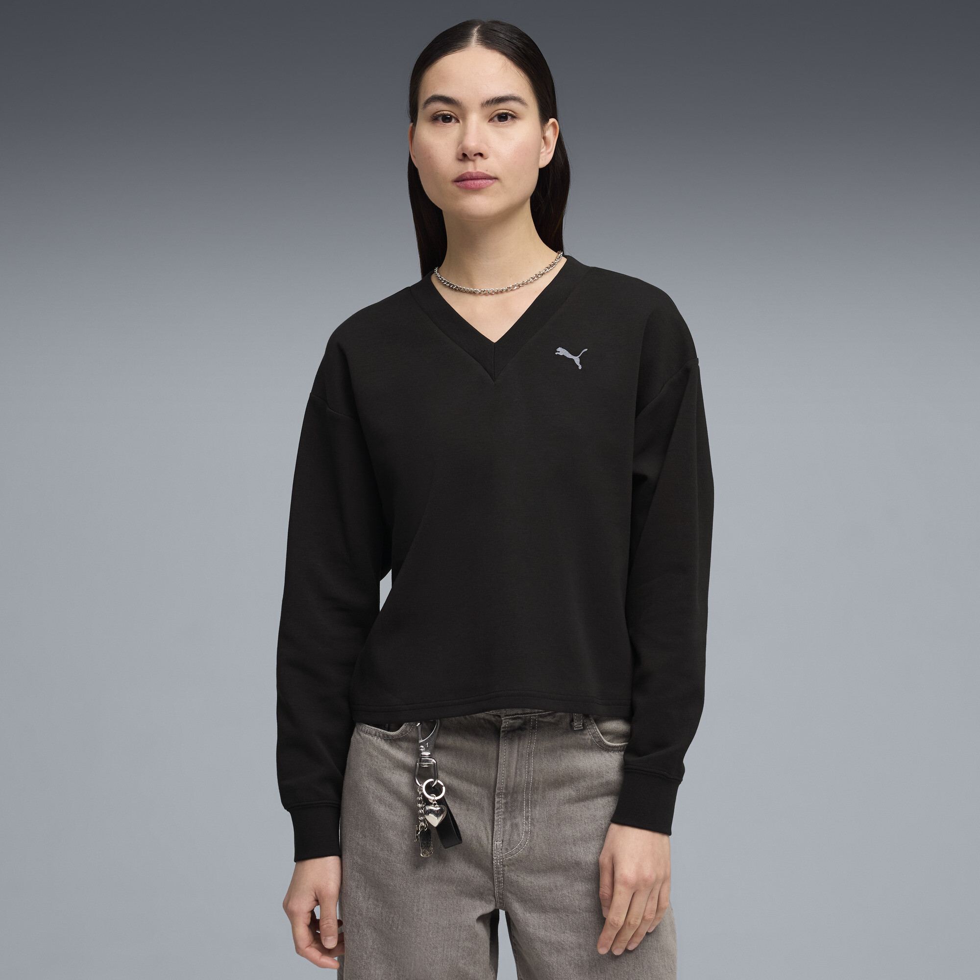PUMA Elevated Essentials Women's V-Neck Sweatshirt in Black, Size XL
