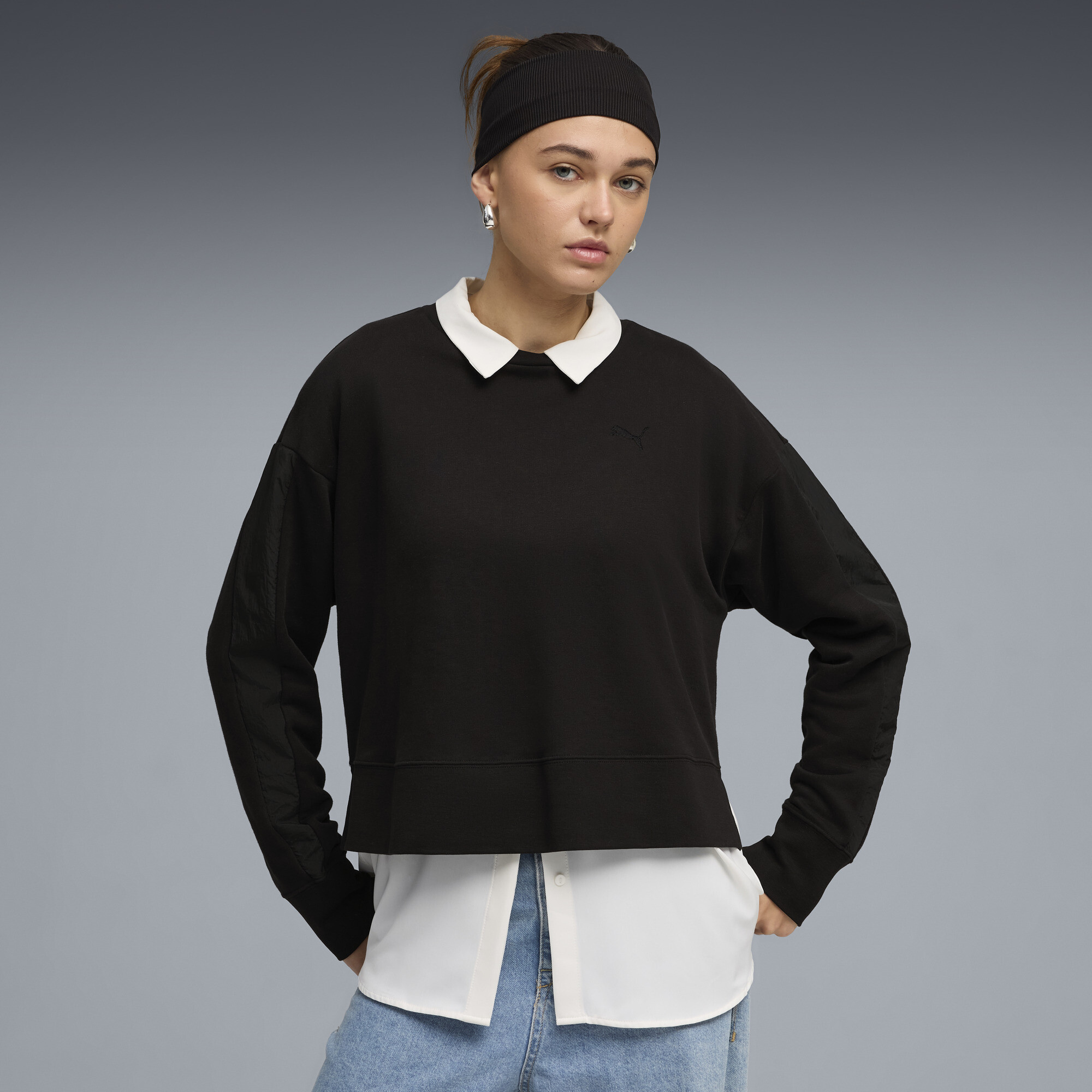 PUMA HER Women's Relaxed Crew Neck Sweatshirt in Black, Size L