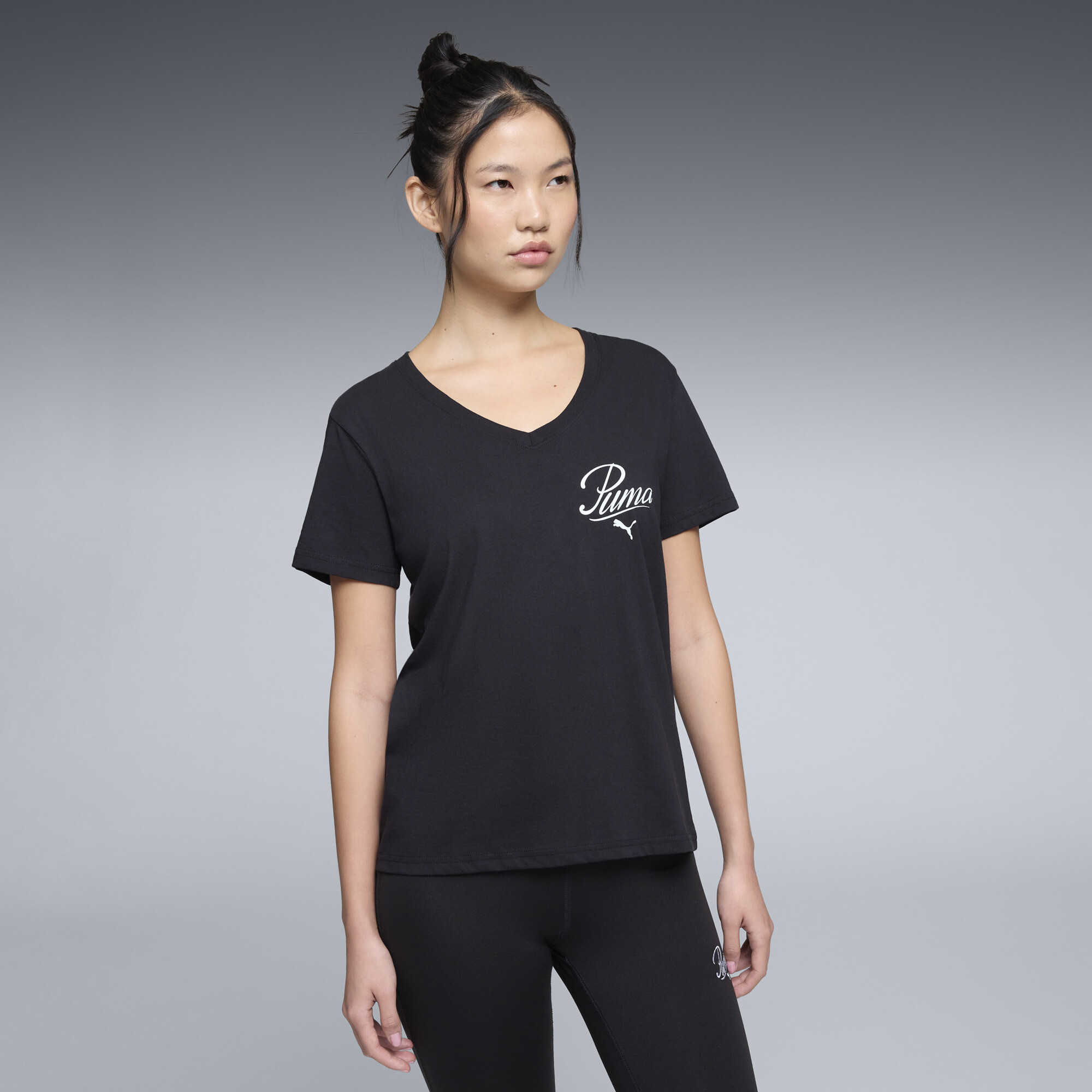 PUMA Essentials Script Women's V-Neck T-Shirt in Black, Size S