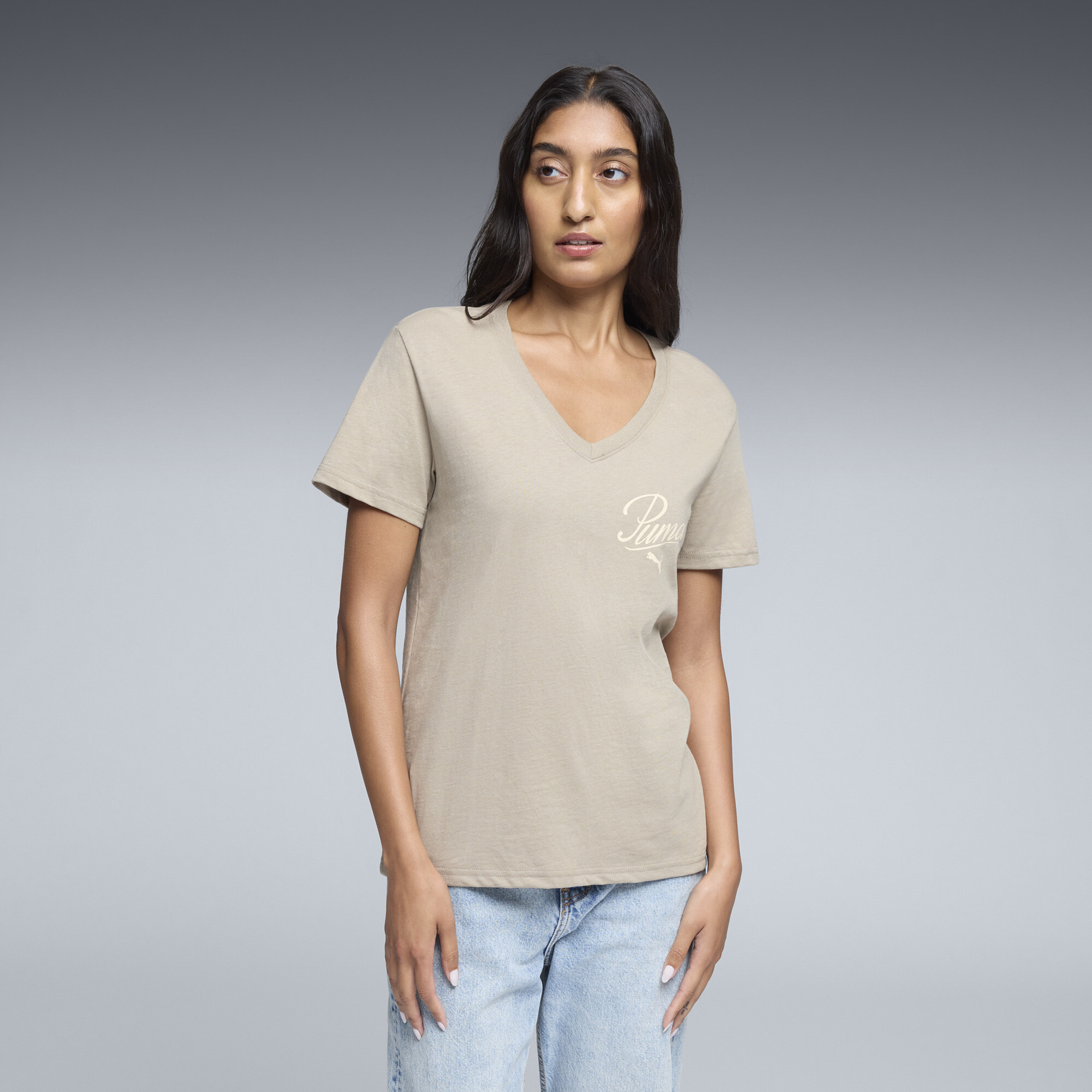 Puma Essentials Script V-neck T-shirt Women In Neutral