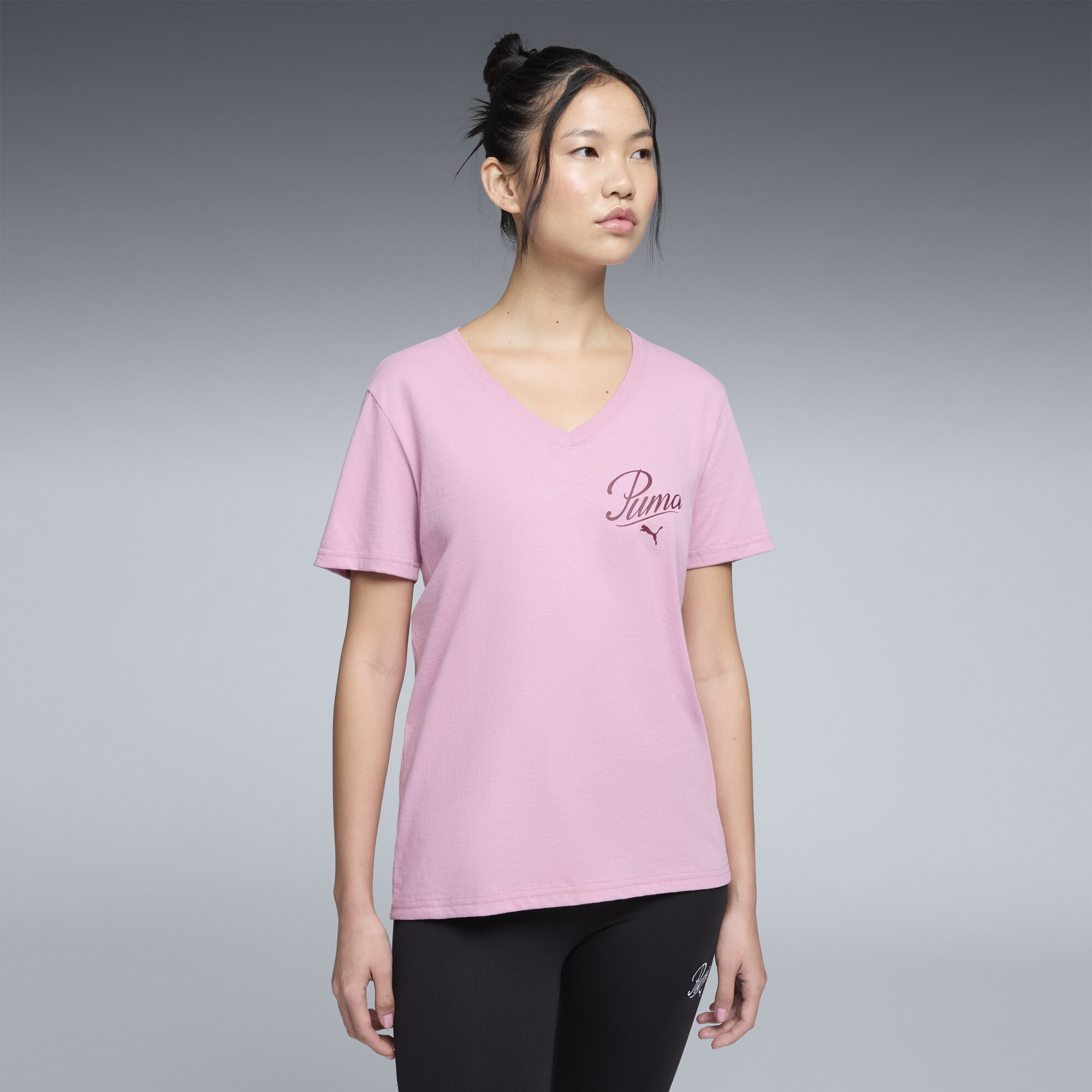PUMA Essentials Script Women's V-Neck T-Shirt in Pink, Size L