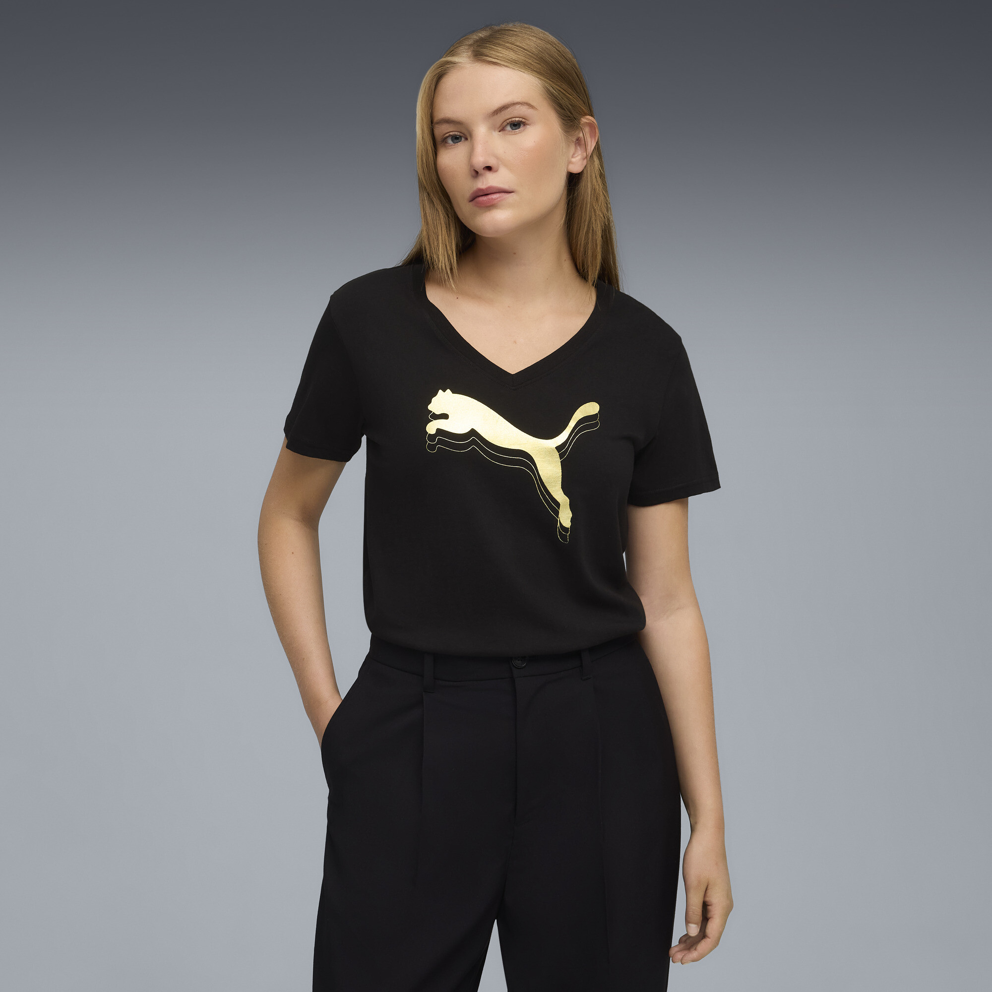 PUMA Essentials Metallic Women's V-Neck T-Shirt in Black, Size XS