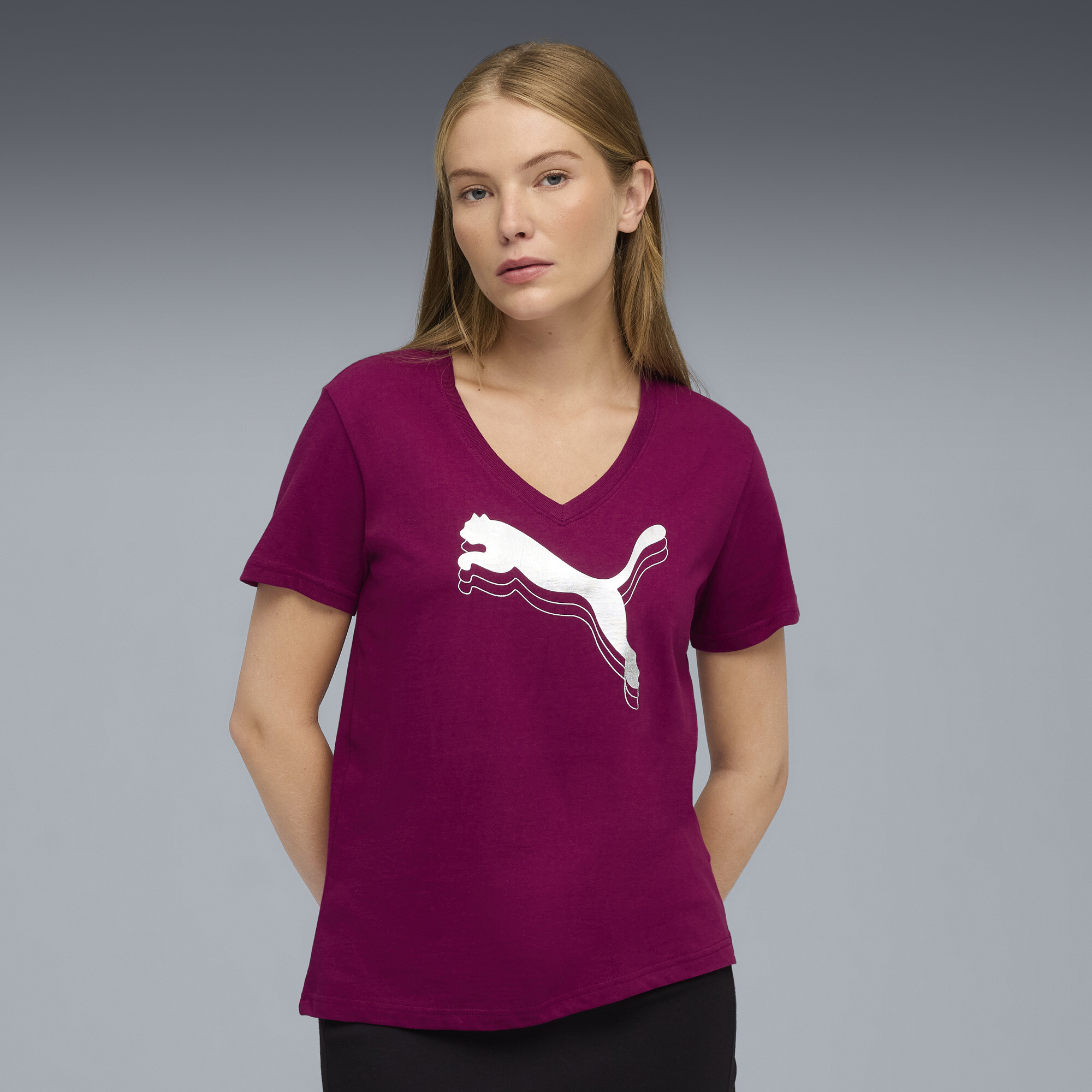 PUMA Essentials Metallic Women's V-Neck T-Shirt in Pink, Size S
