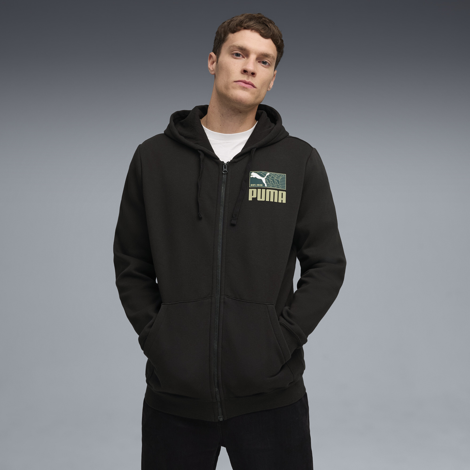 PUMA House of Graphics Men's Zip-Up Fleece Hoodie in Black, Size L