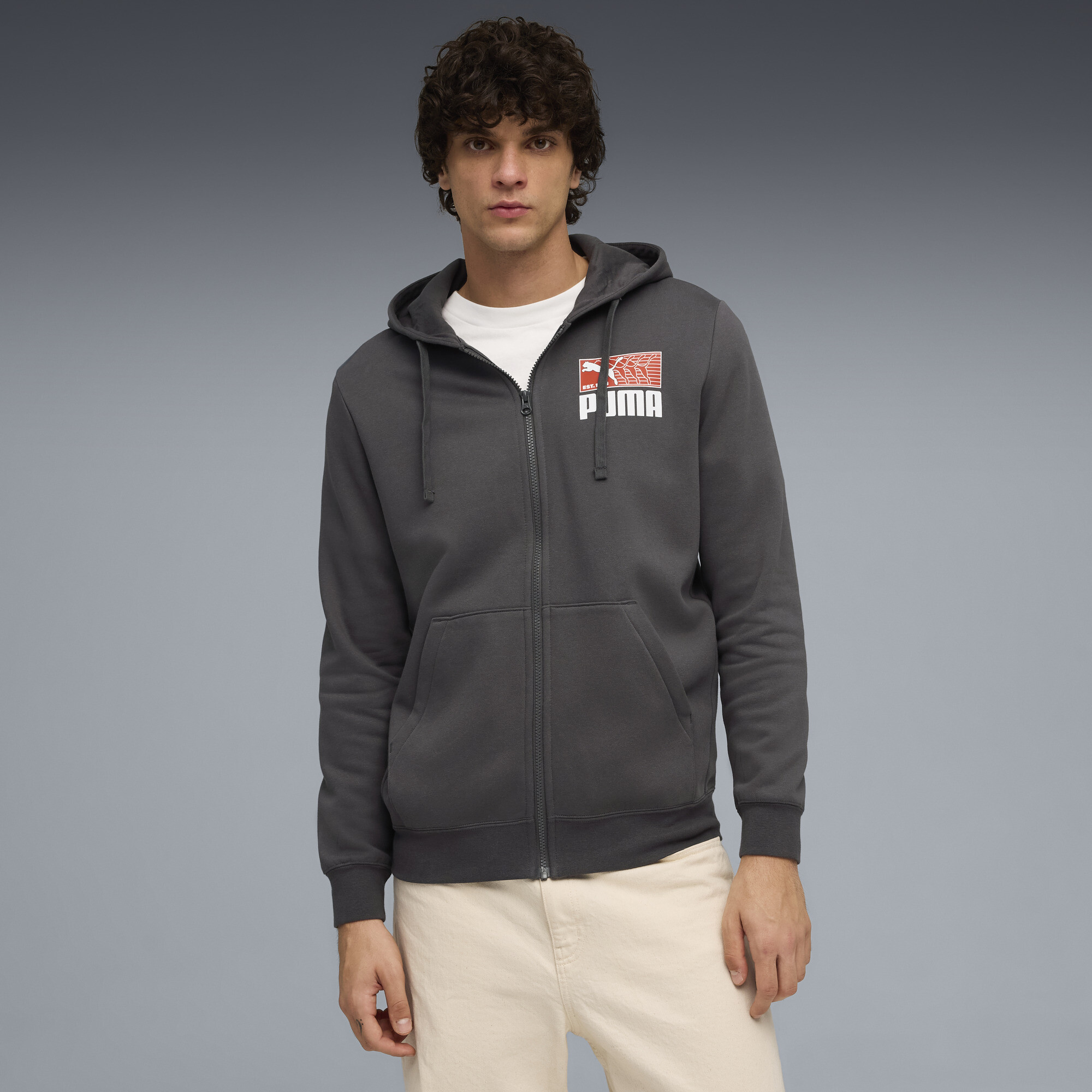 PUMA House of Graphics Men's Zip-Up Fleece Hoodie in Grey, Size S