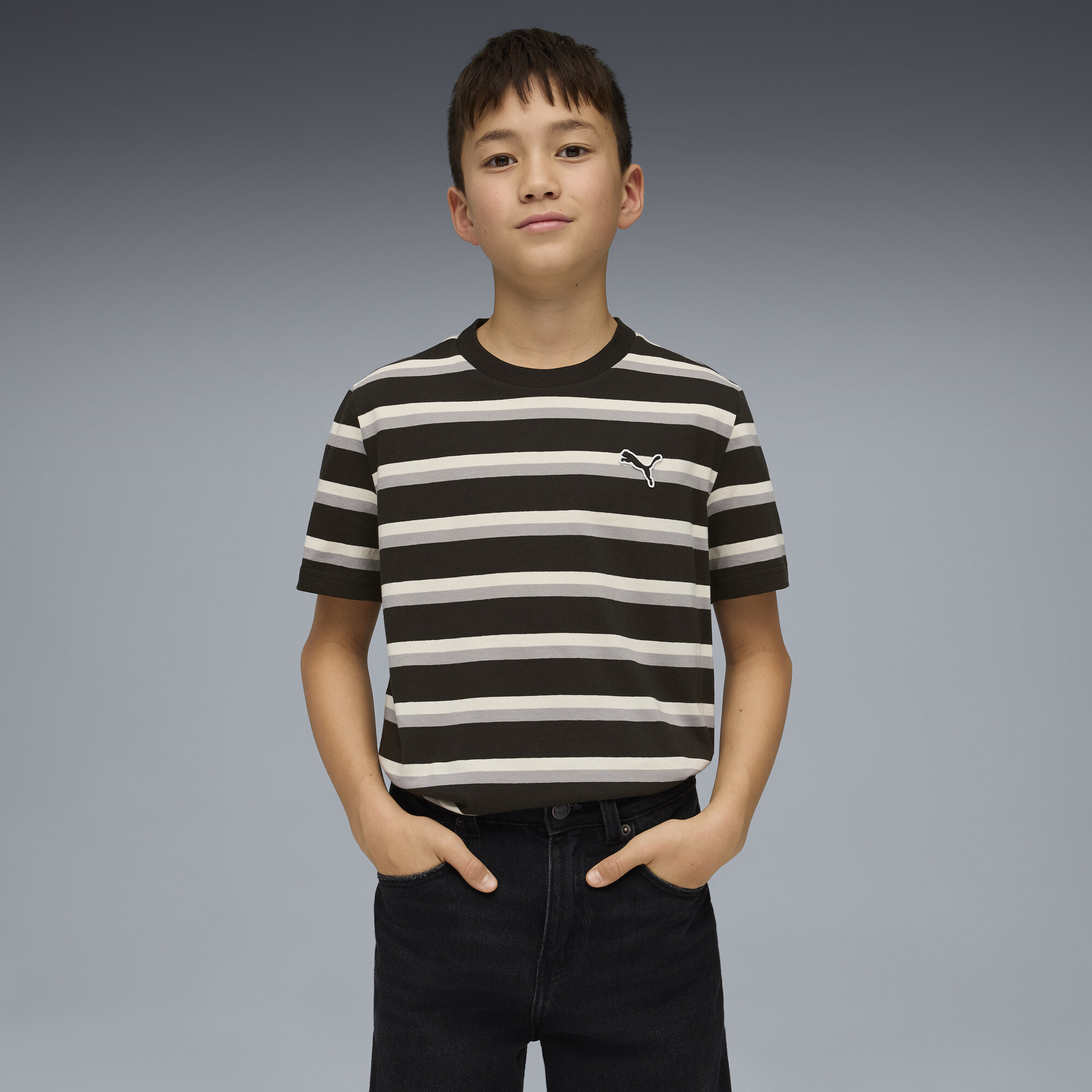 PUMA Essentials gestreept T-shirt, Zwart, Maat 9-10Y