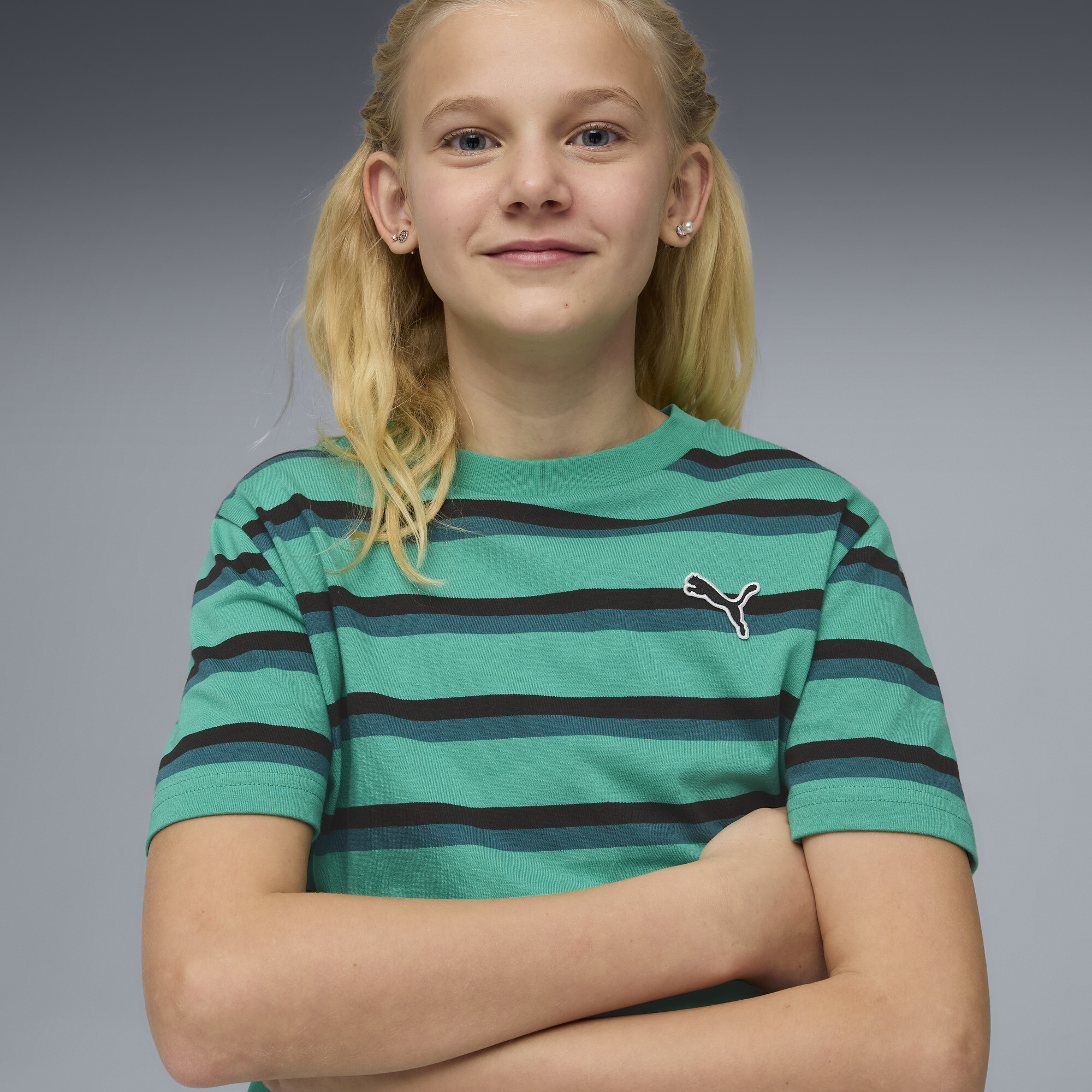 PUMA Essentials gestreept T-shirt, Groen, Maat 11-12Y thumbnail 6