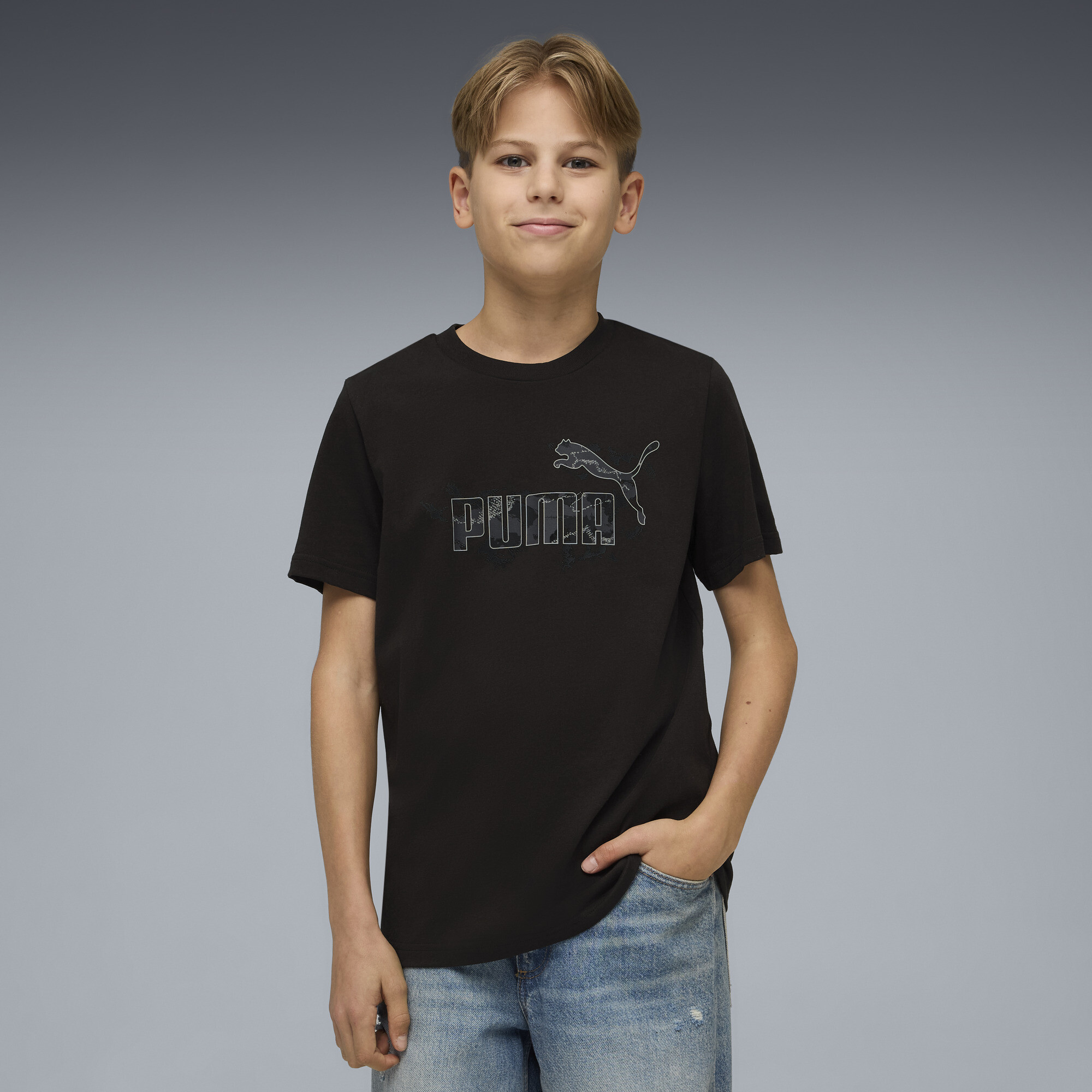 PUMA Essentials camouflage T-shirt voor Heren, Zwart, Maat 13-14Y