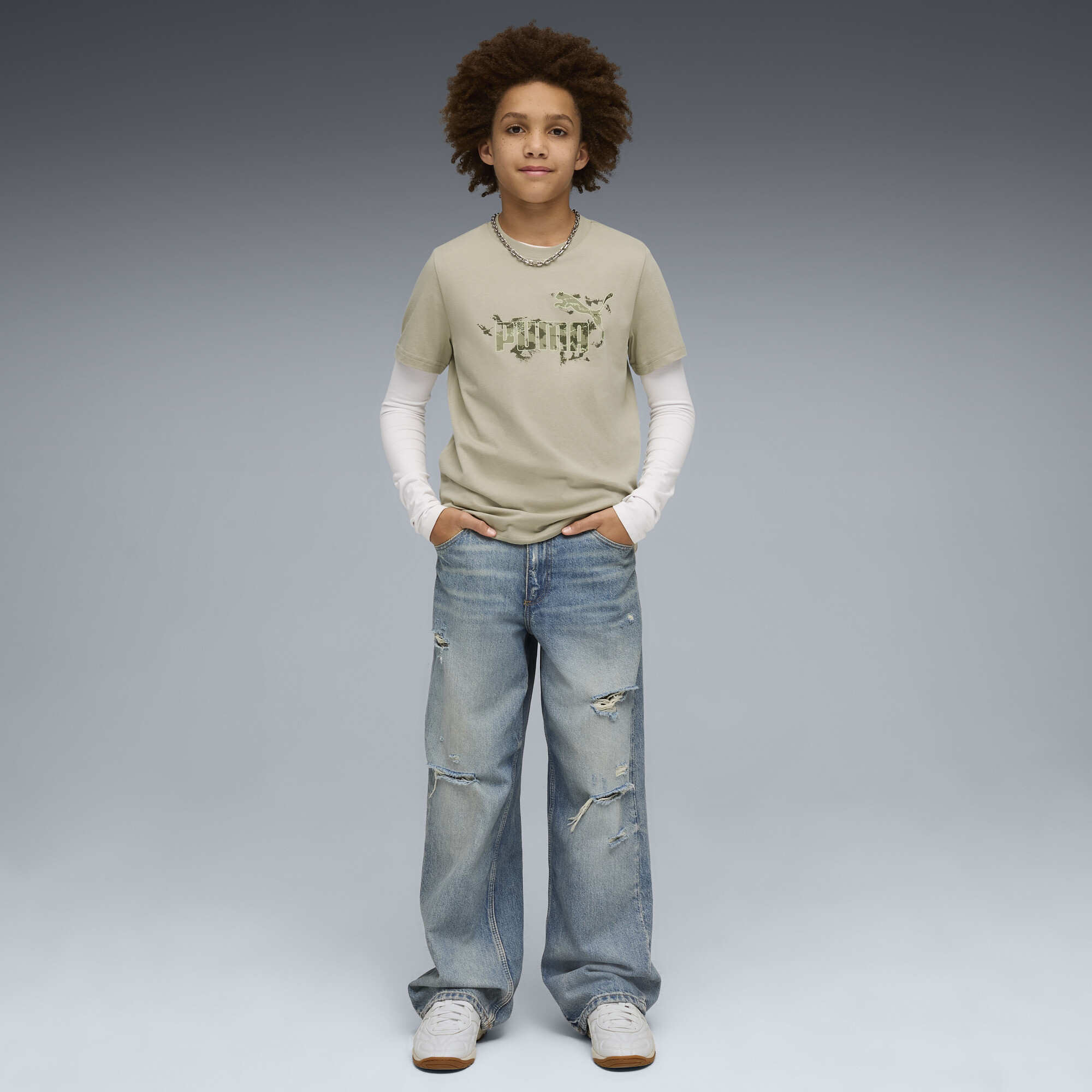 PUMA Essentials camouflage T-shirt voor Heren, Beige/Grijs, Maat 9-10Y thumbnail 4