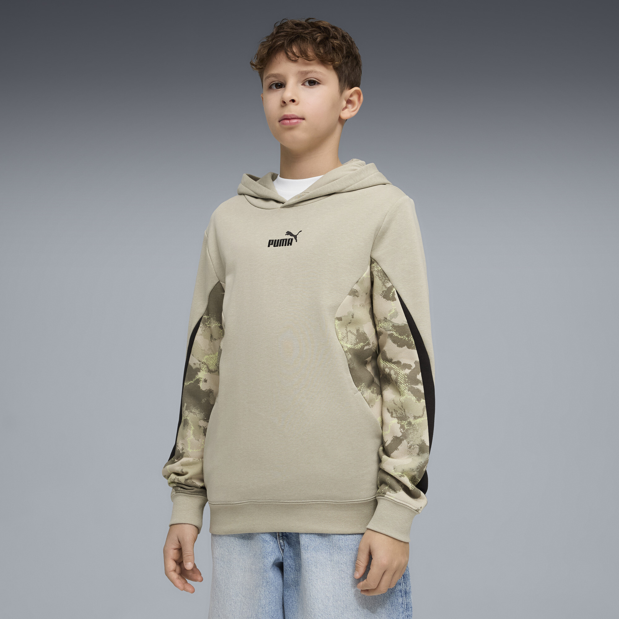 PUMA Essentials camouflagehoodie voor Heren, Beige/Grijs, Maat 9-10Y thumbnail 4