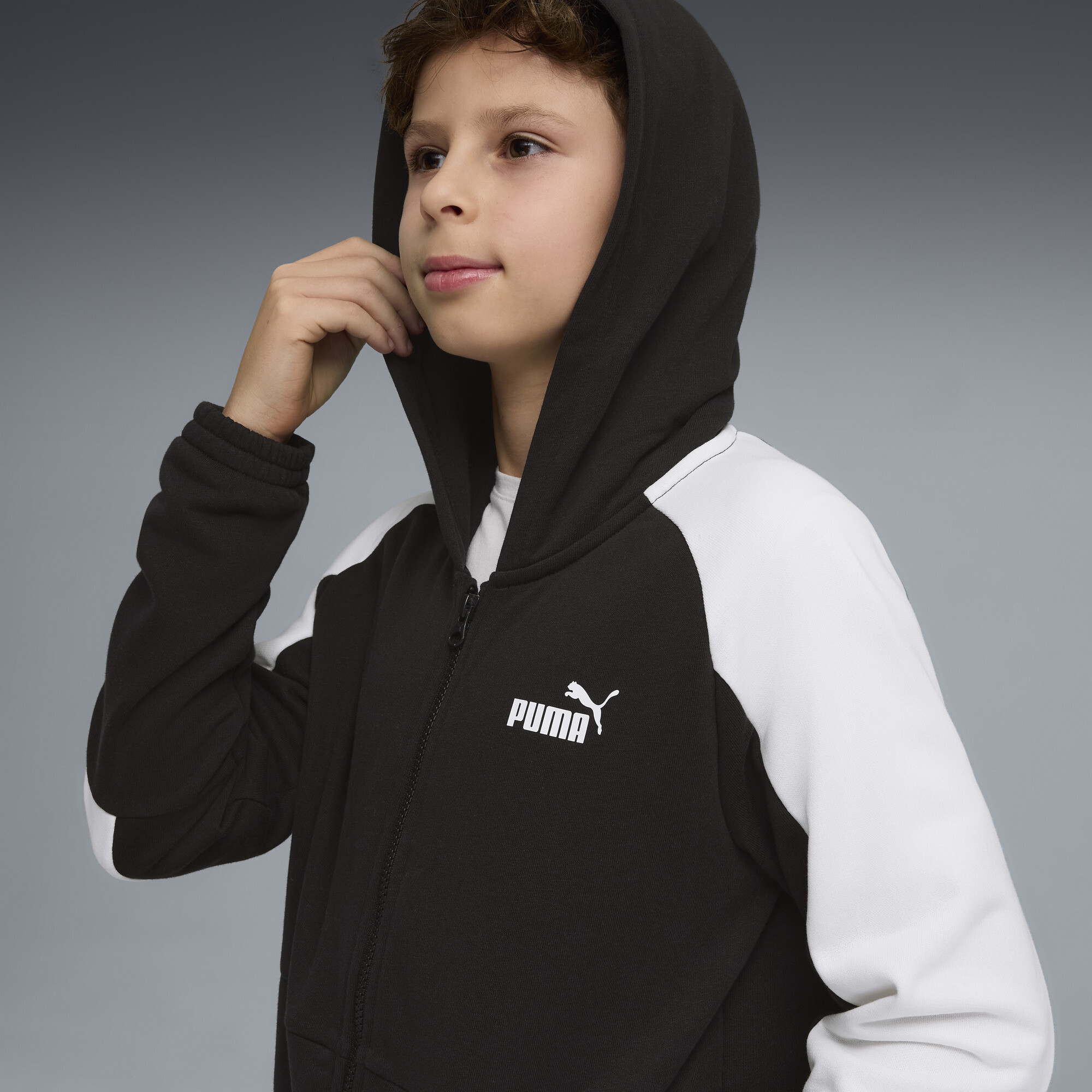 PUMA Essentials Block trainingspak met capuchon voor Heren, Zwart, Maat 9-10Y thumbnail 4