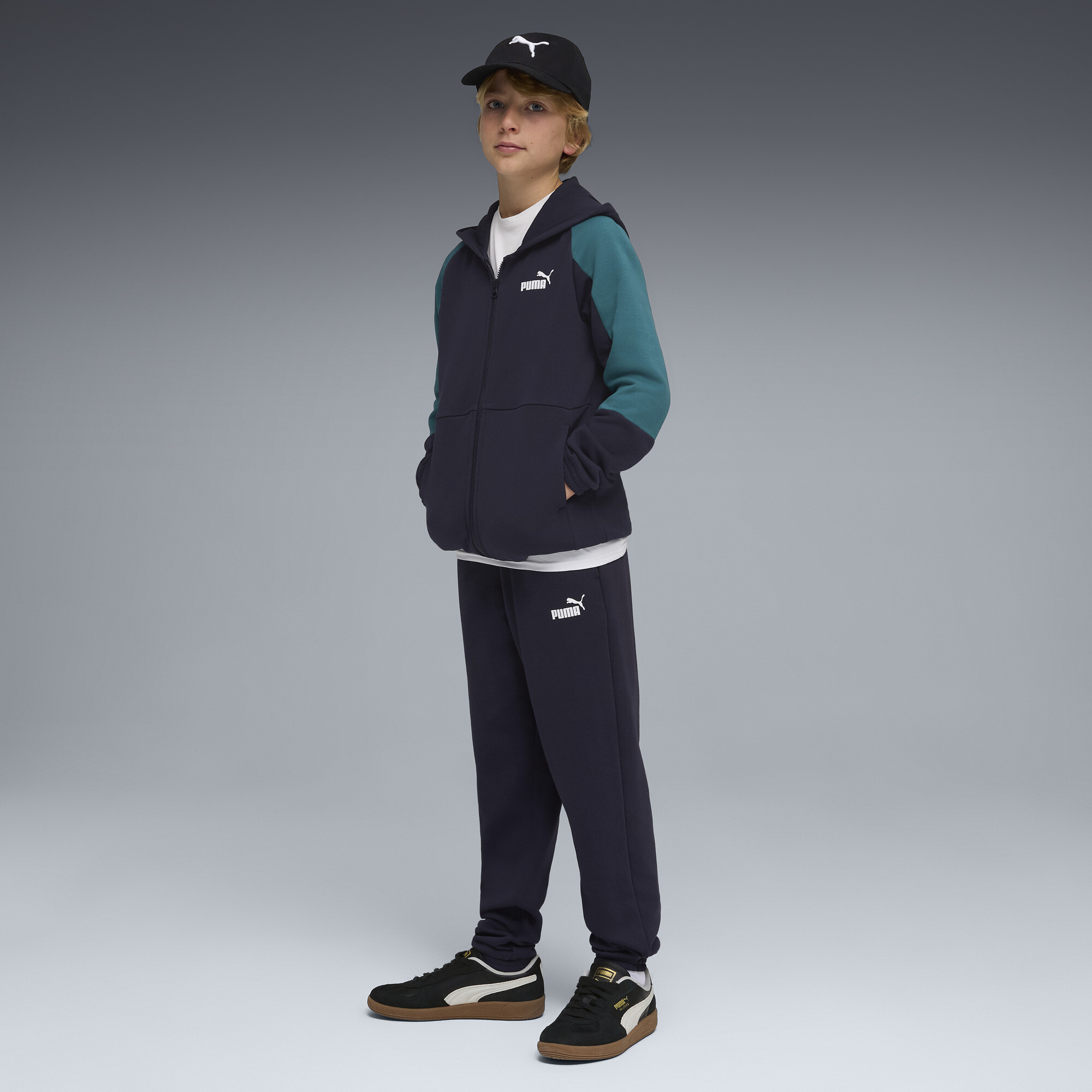 PUMA Essentials Block trainingspak met capuchon voor Heren, Blauw, Maat 7-8Y