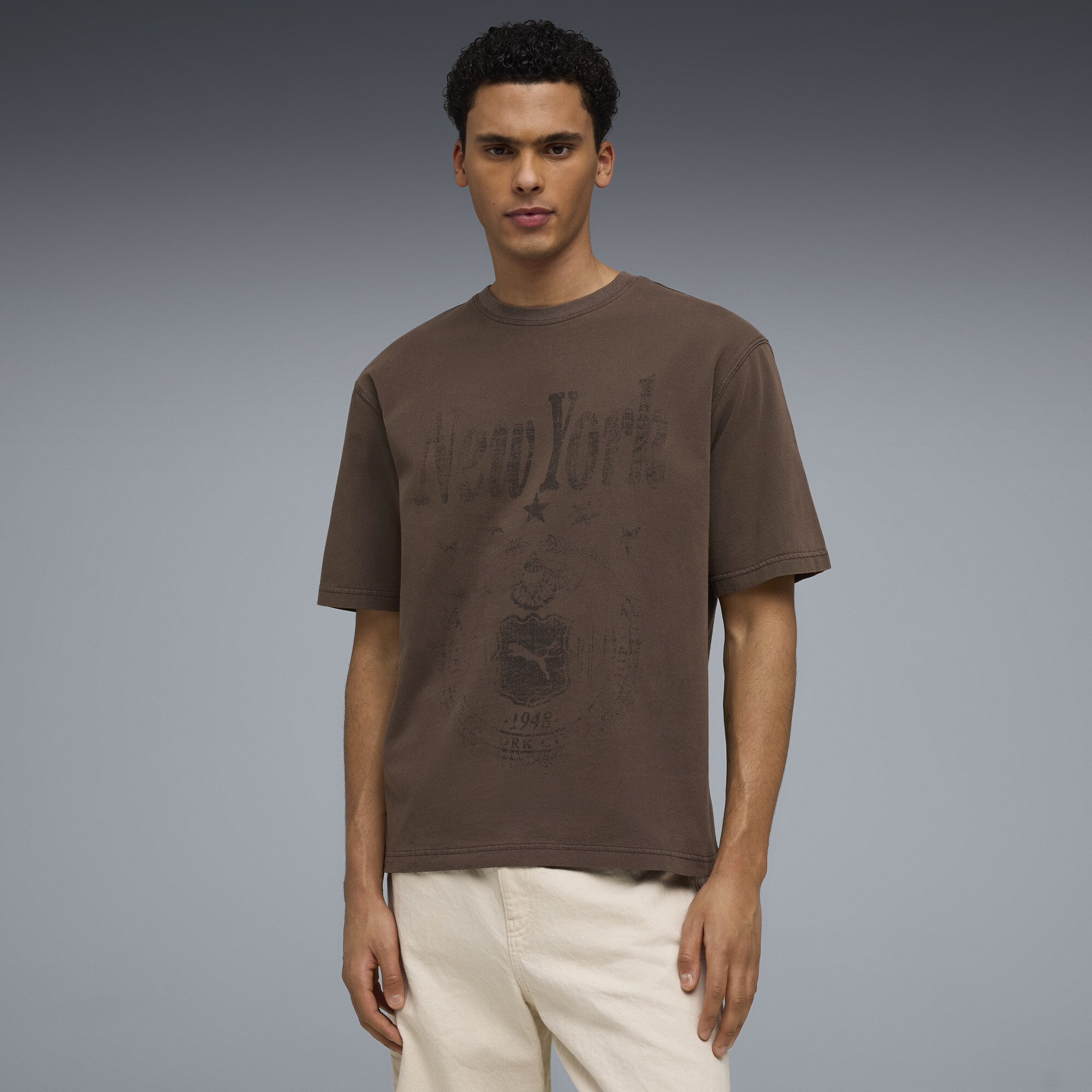 PUMA Wardrobe Essentials NYC Men's Boxy T-Shirt in Brown, Size M