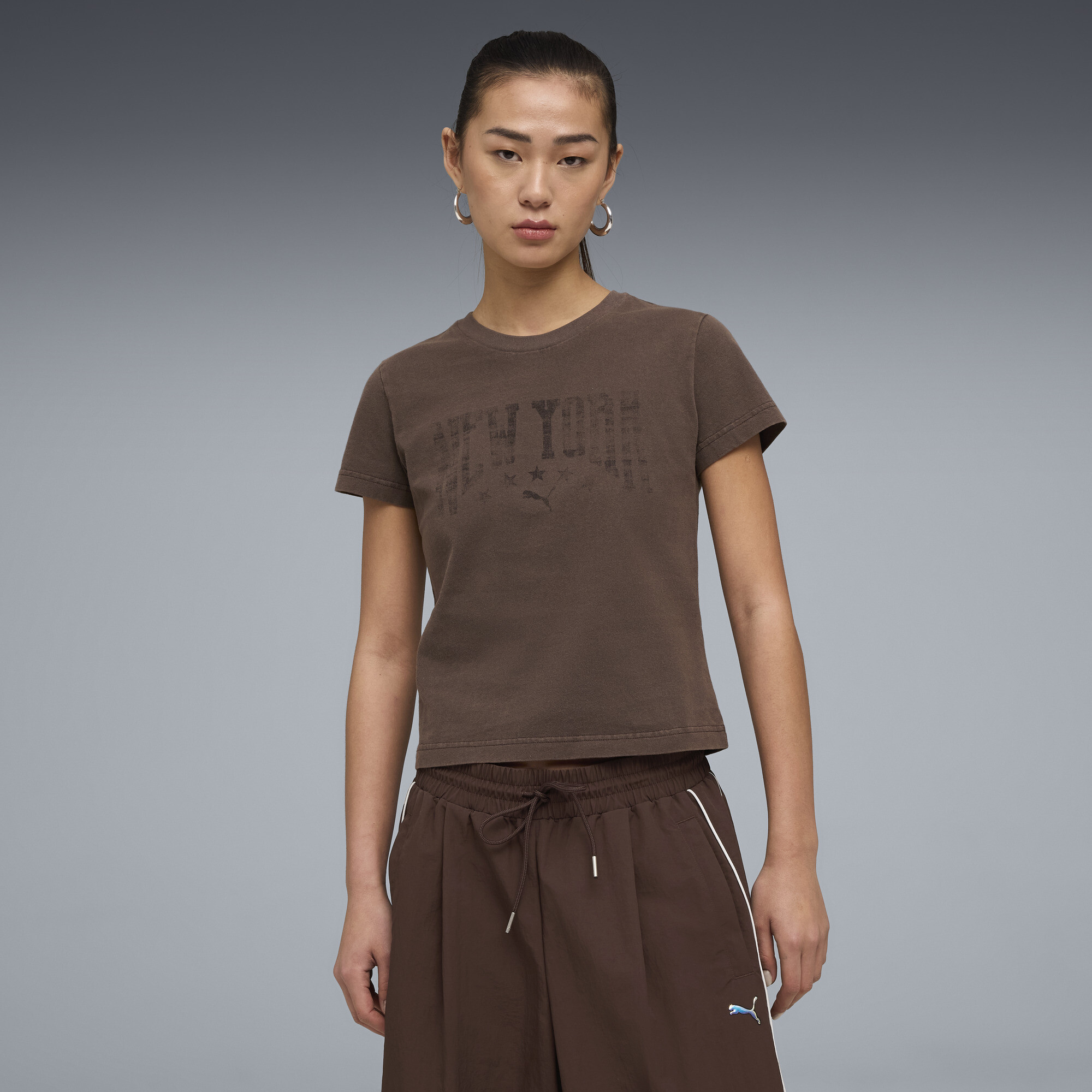 PUMA Wardrobe Essentials NYC Women's Slim T-Shirt in Brown, Size M