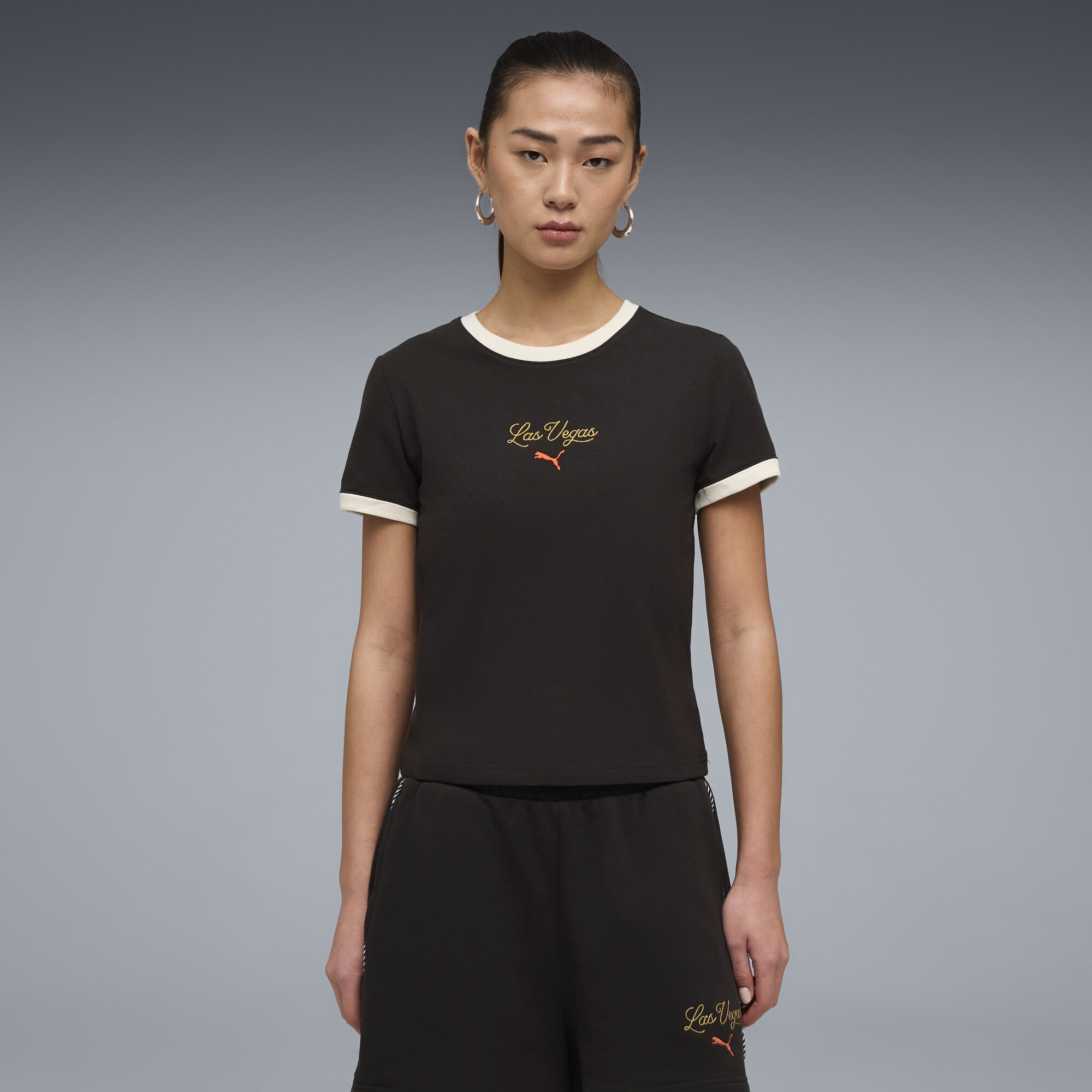 PUMA Wardrobe Essentials Las Vegas Women's Slim T-Shirt in Black, Size S