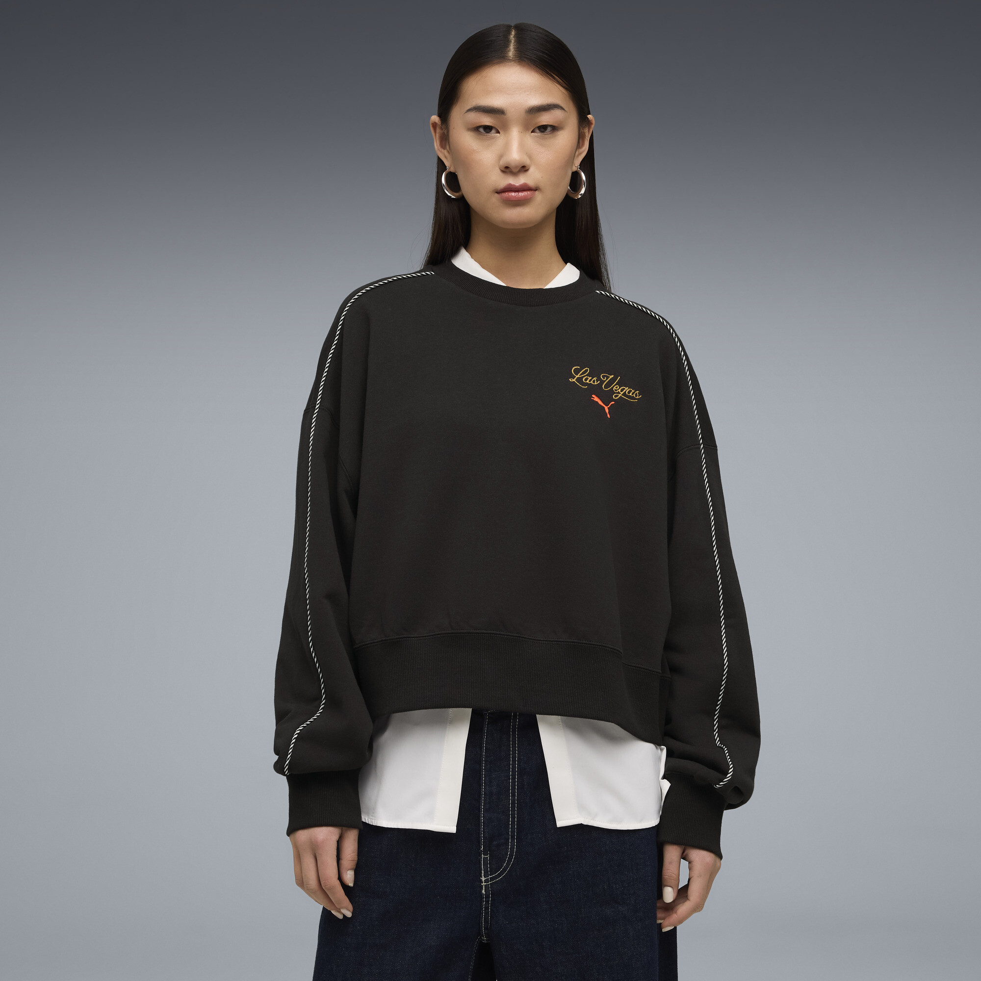 PUMA Wardrobe Essentials Las Vegas Women's Boxy Sweatshirt in Black, Size XS