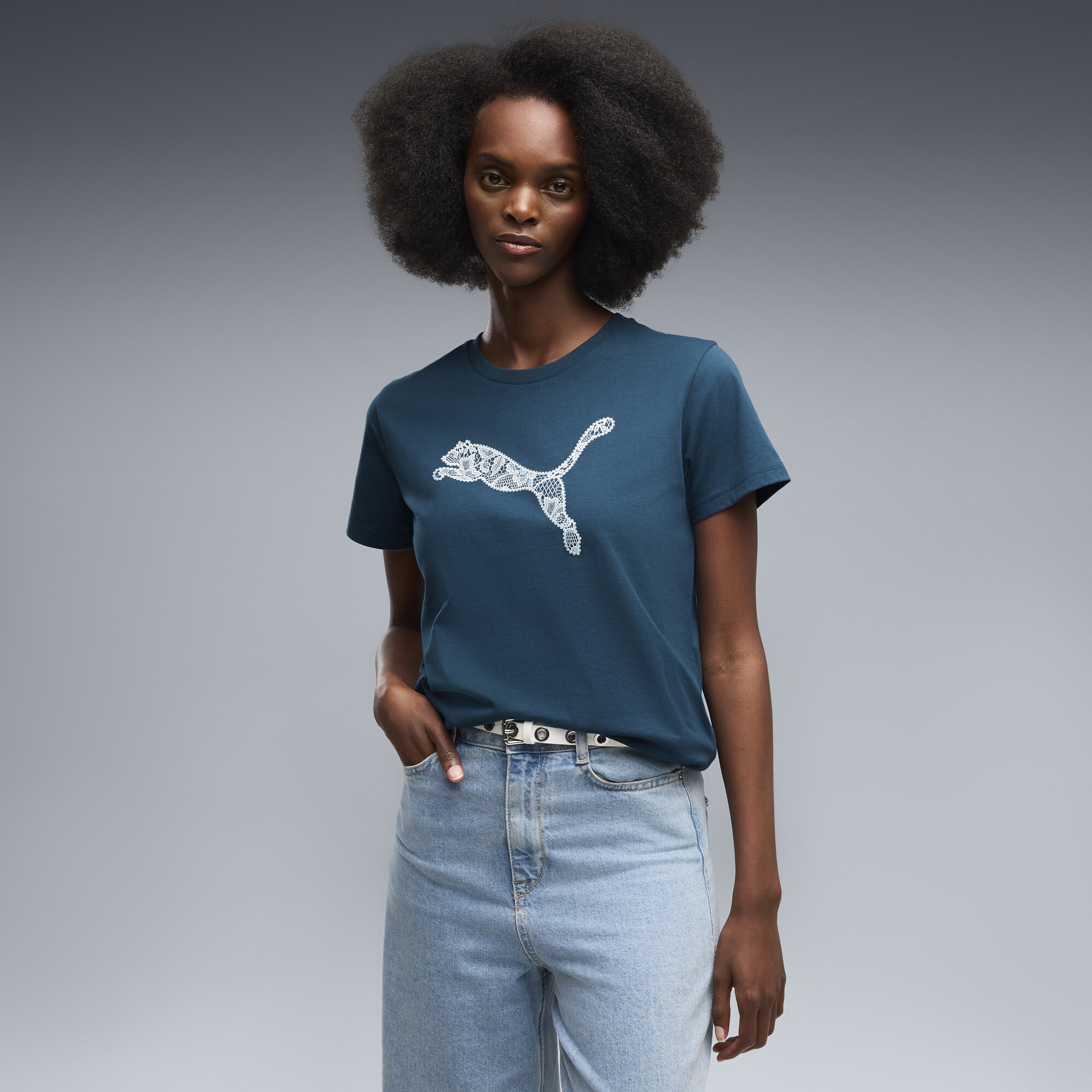 PUMA Graphics Lace Cat T-Shirt Damen, Kleidung, Blau, M