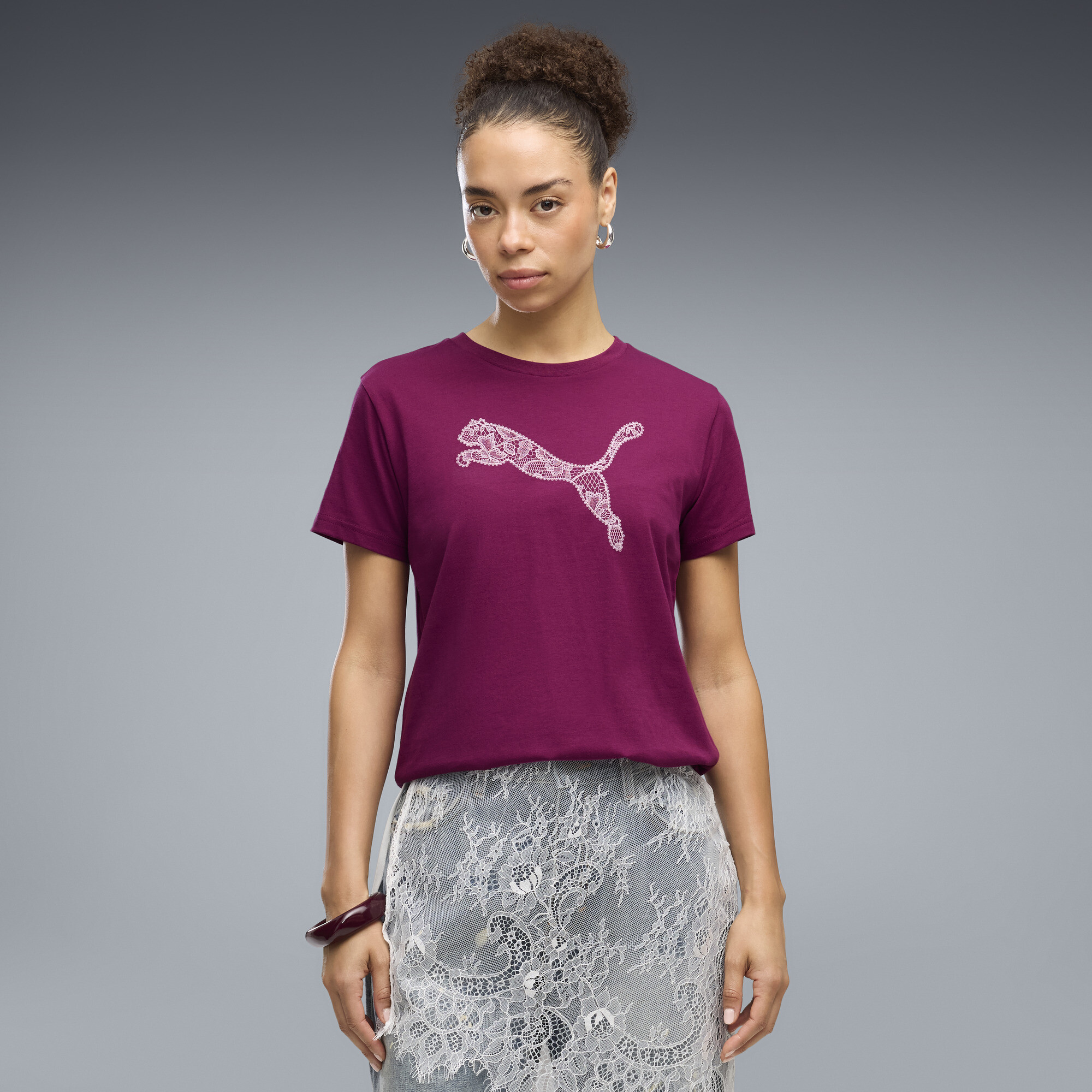 PUMA Graphics Lace Cat T-Shirt Damen, Kleidung, Rosa, L
