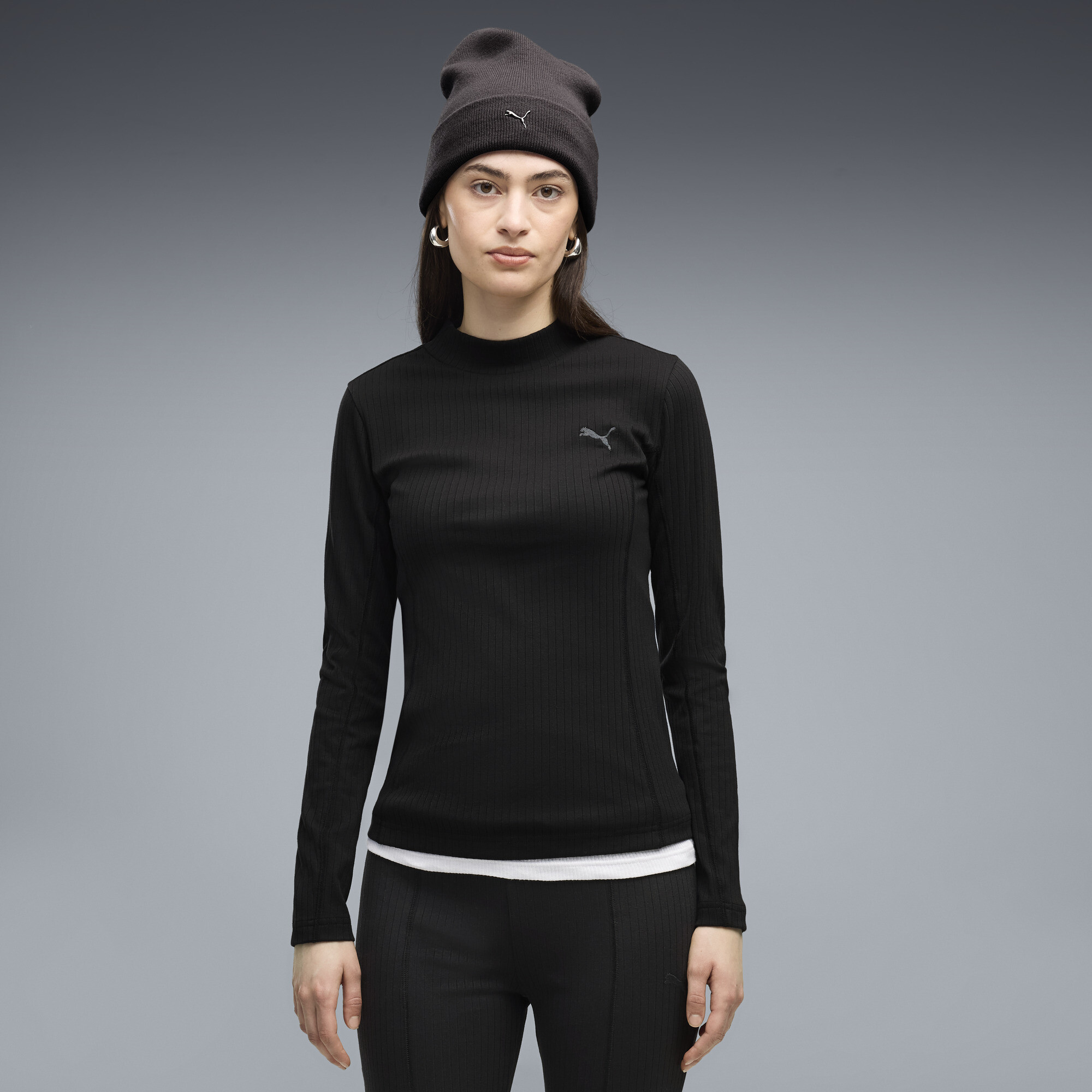 PUMA HER Slim Geripptes Langarmshirt Damen, Kleidung, Schwarz, S