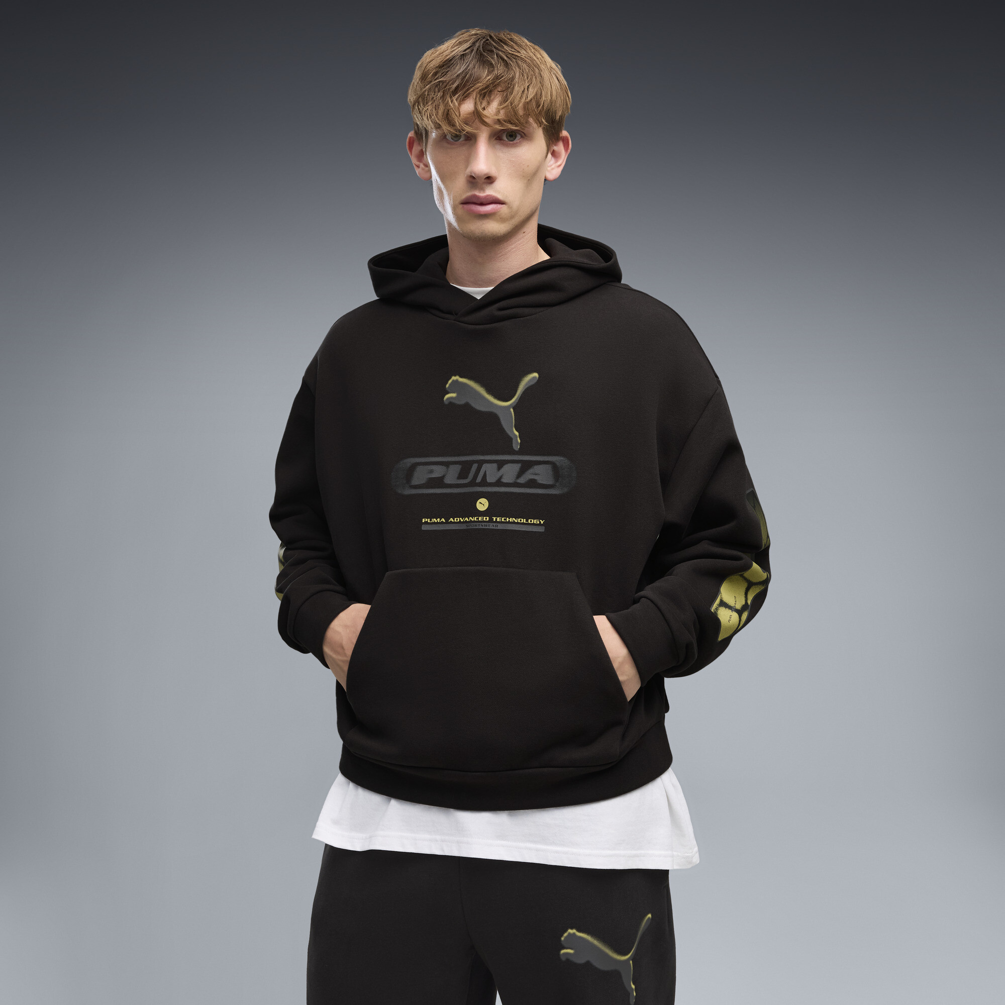 PUMA Sport Boxy Graphic fleece hoodie voor Heren, Zwart, Maat S