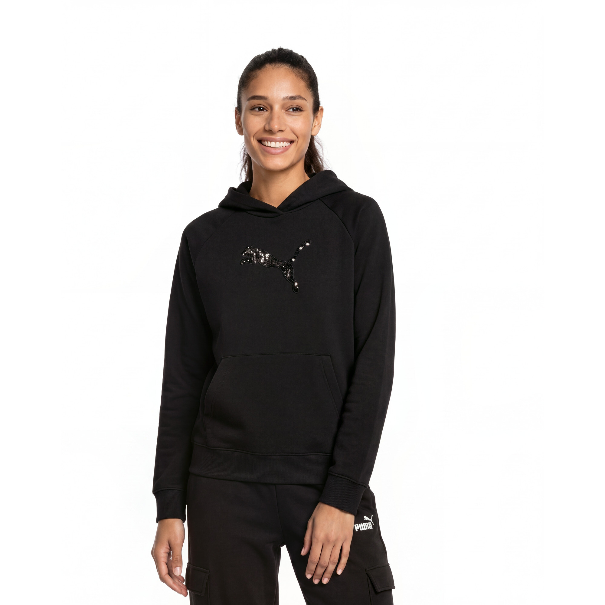PUMA Essentials Women's Sequin Hoodie in Black, Size S