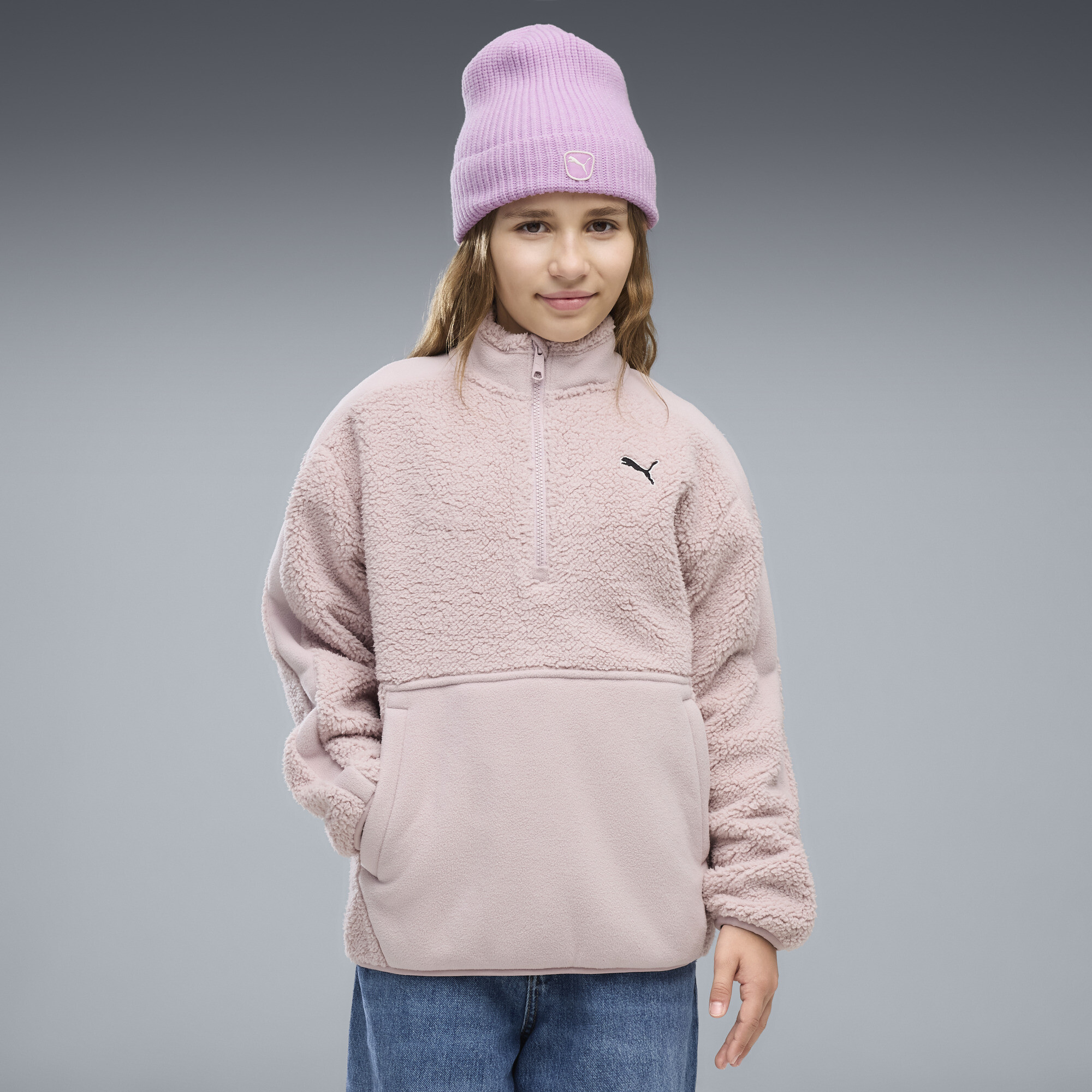 PUMA Elevated Essentials Winterized Big Kids' Half-Zip Hoodie in Pink, Size L