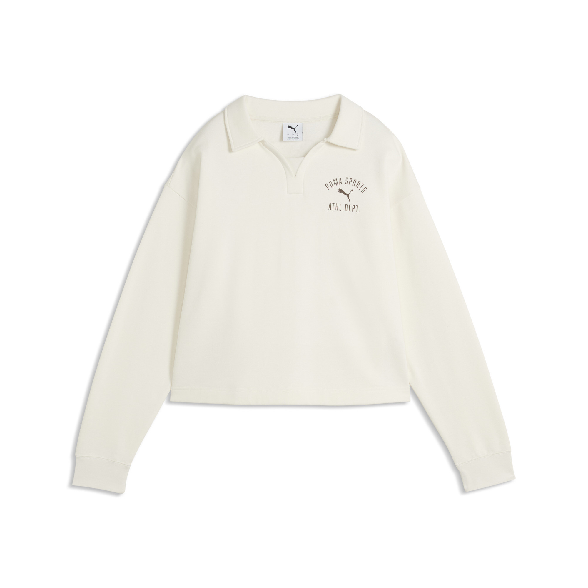 PUMA Damska luźna bluza dresowa Varsity z kołnierzykiem polo, Odzież, Biały, M