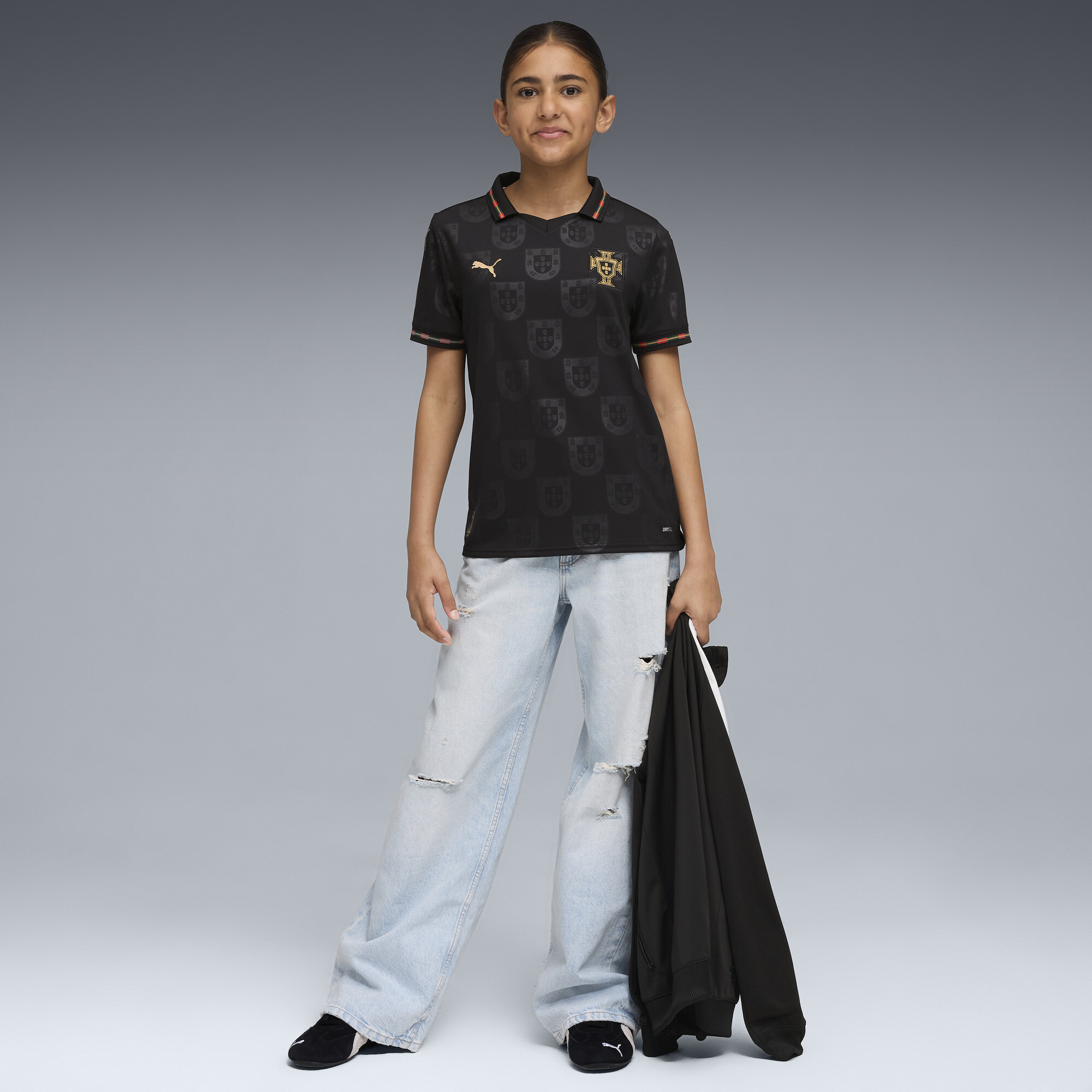 PUMA Portugal 25/26 Special Edition EusÃ©bio voetbalshirt, Zwart/Goud, Maat 7-8Y thumbnail 6