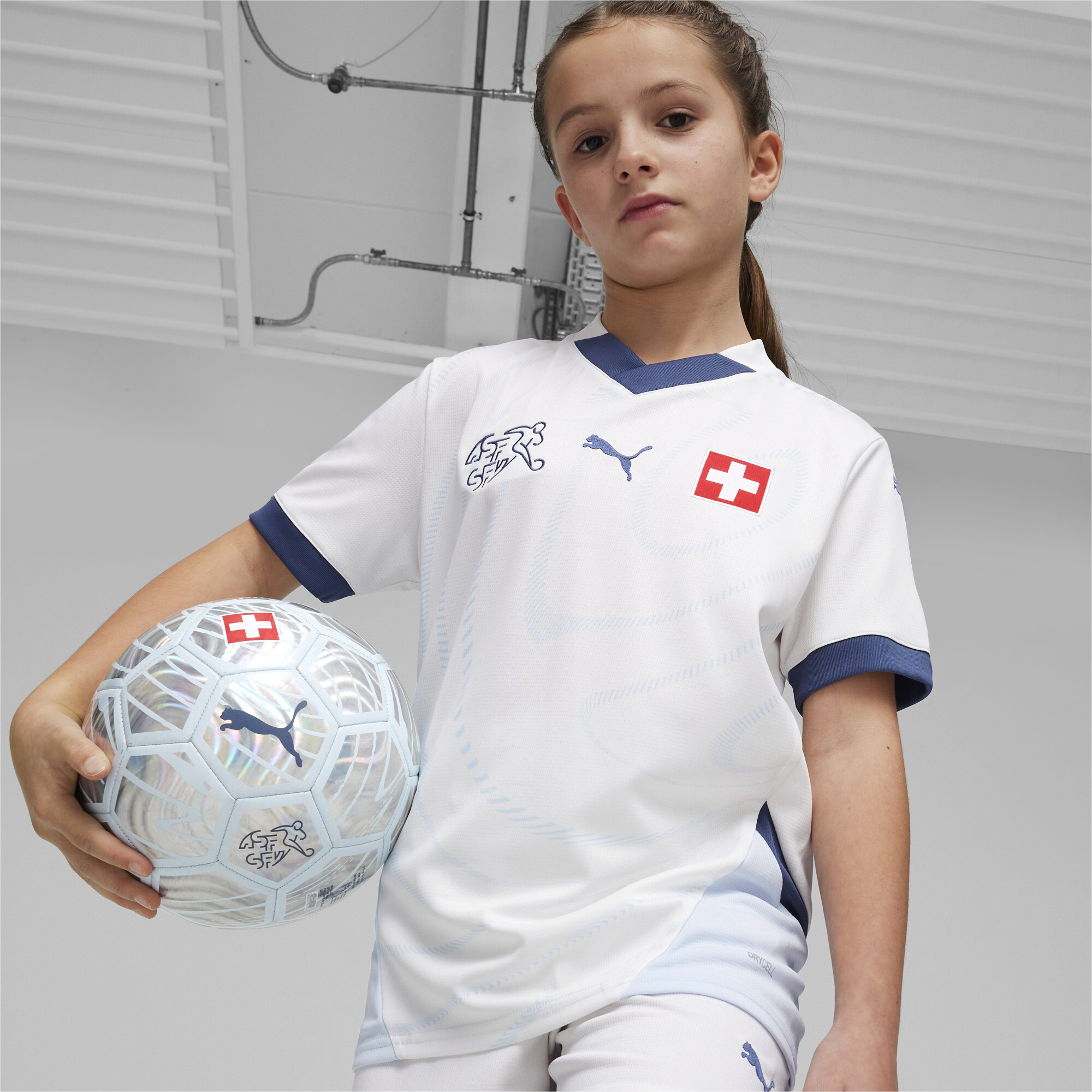 Puma Schweiz 2024 Fußball Auswärtstrikot Teenager Für Für Kinder | Mit Other Pattern | White/Icy Blue | Größe: 9-10Y