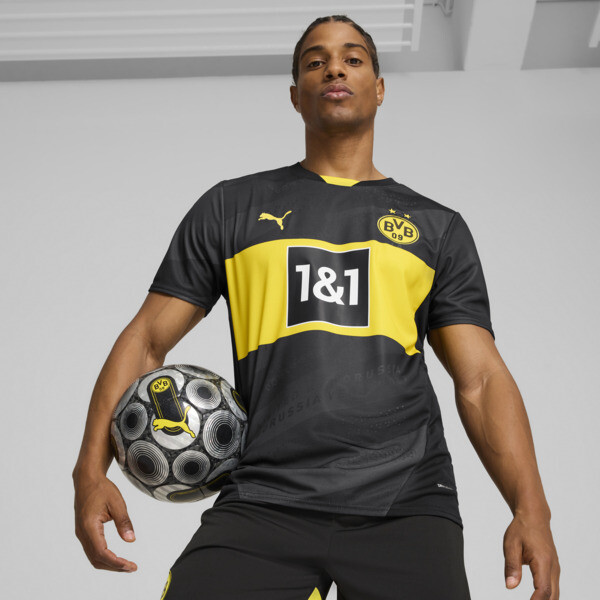 PUMA Borussia Dortmund 24 25 Men s Replica Away Soccer Jersey Black Faster Yellow S