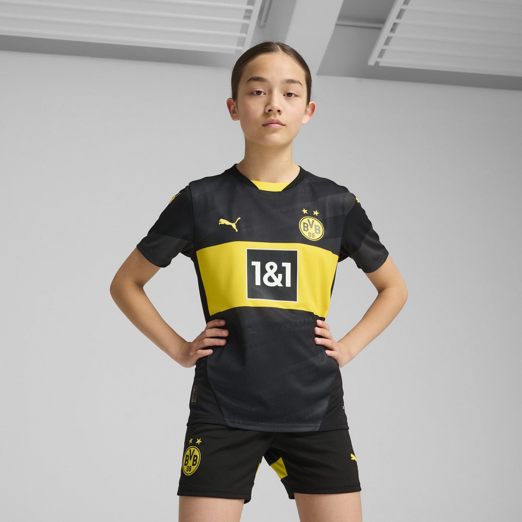 PUMA Borussia Dortmund 24/25 Big Kids' Replica Away Soccer Jersey in Black, Size M