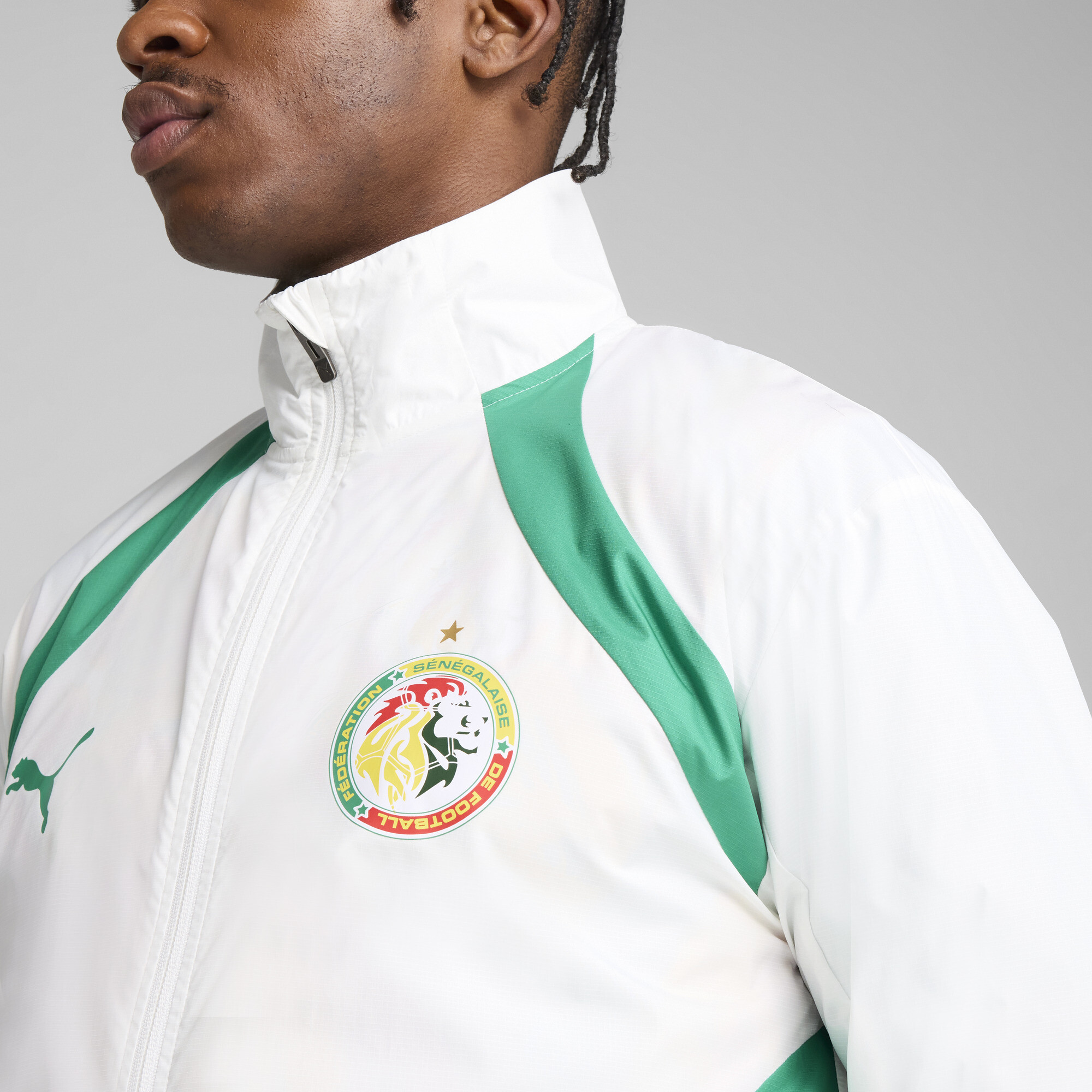 PUMA Senegal 2025 geweven prematch-jack voor Heren, Groen/Wit, Maat S thumbnail 4