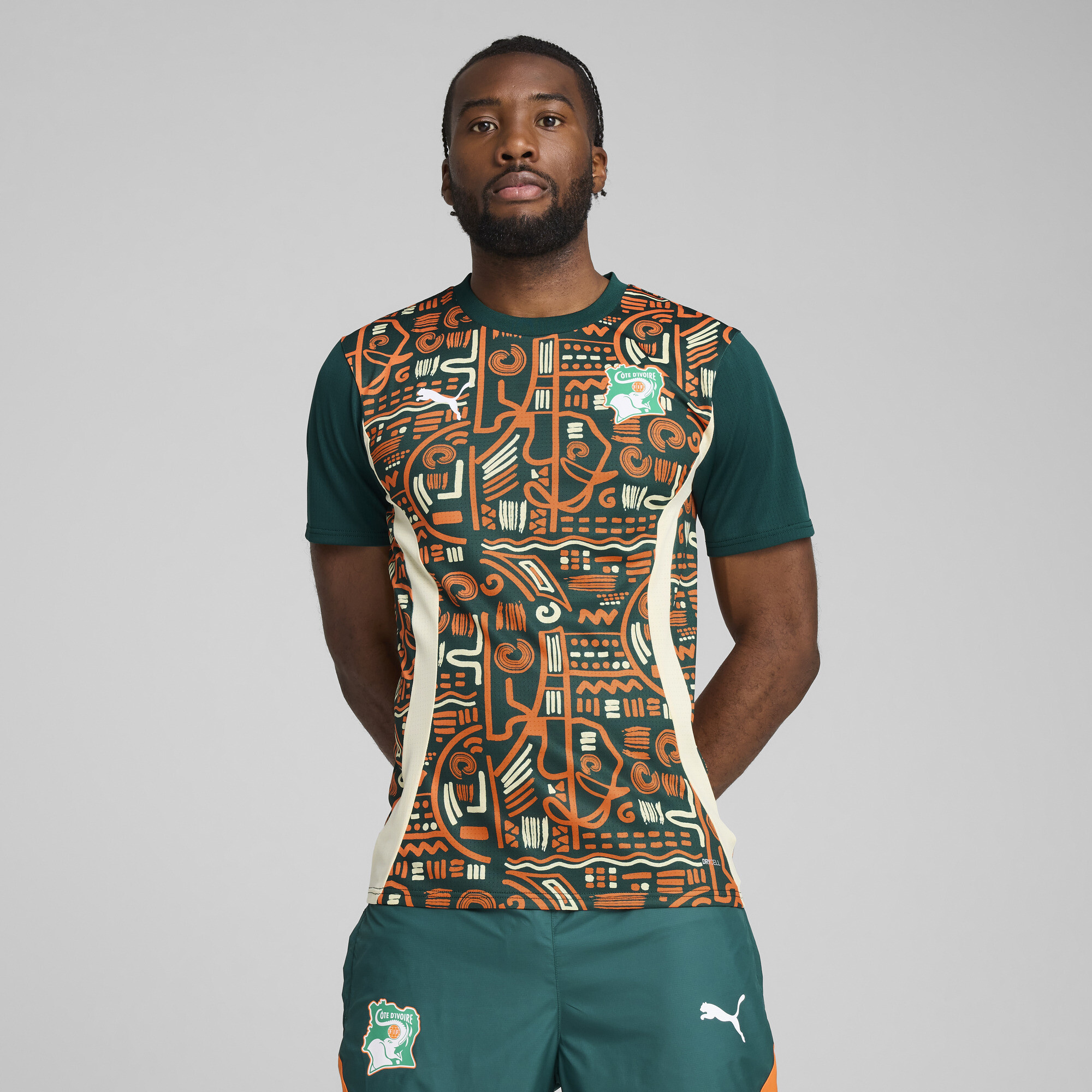 Puma Elfenbeinküste 2025 Pre-match Trikot Herren | Mit Print | Dark Myrtle/Rickie Orange | Größe: L