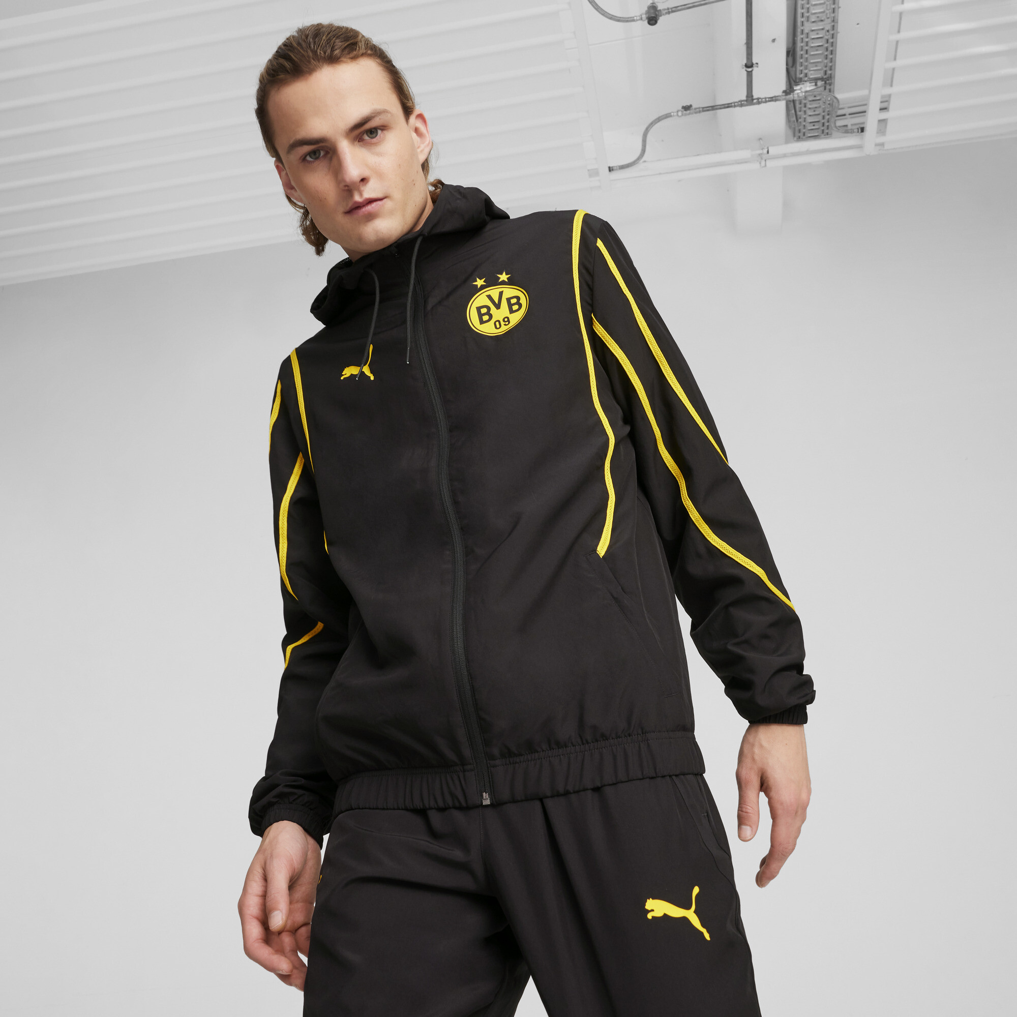 Men's Puma Borussia Dortmund Pre-match Woven Jacket, Black, Size XS, Clothing