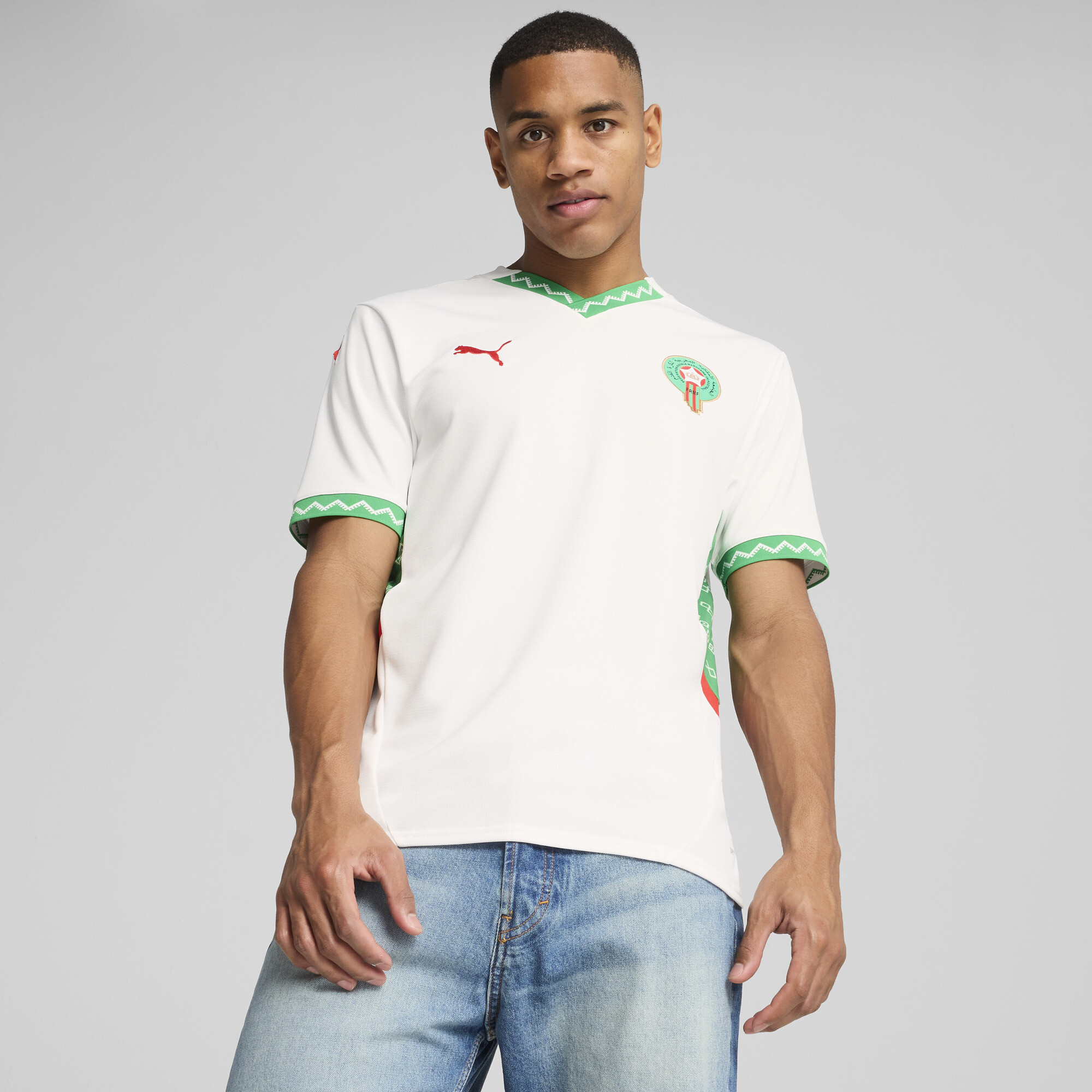 Puma Marokko 2025 Auswärtstrikot Herren | Mit Color Blocking | White/Fast Green/Red | Größe: L