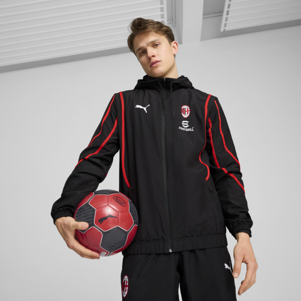 Puma Ac Milan Pre-match Men's Woven Soccer Jacket In Black-for All Time Red