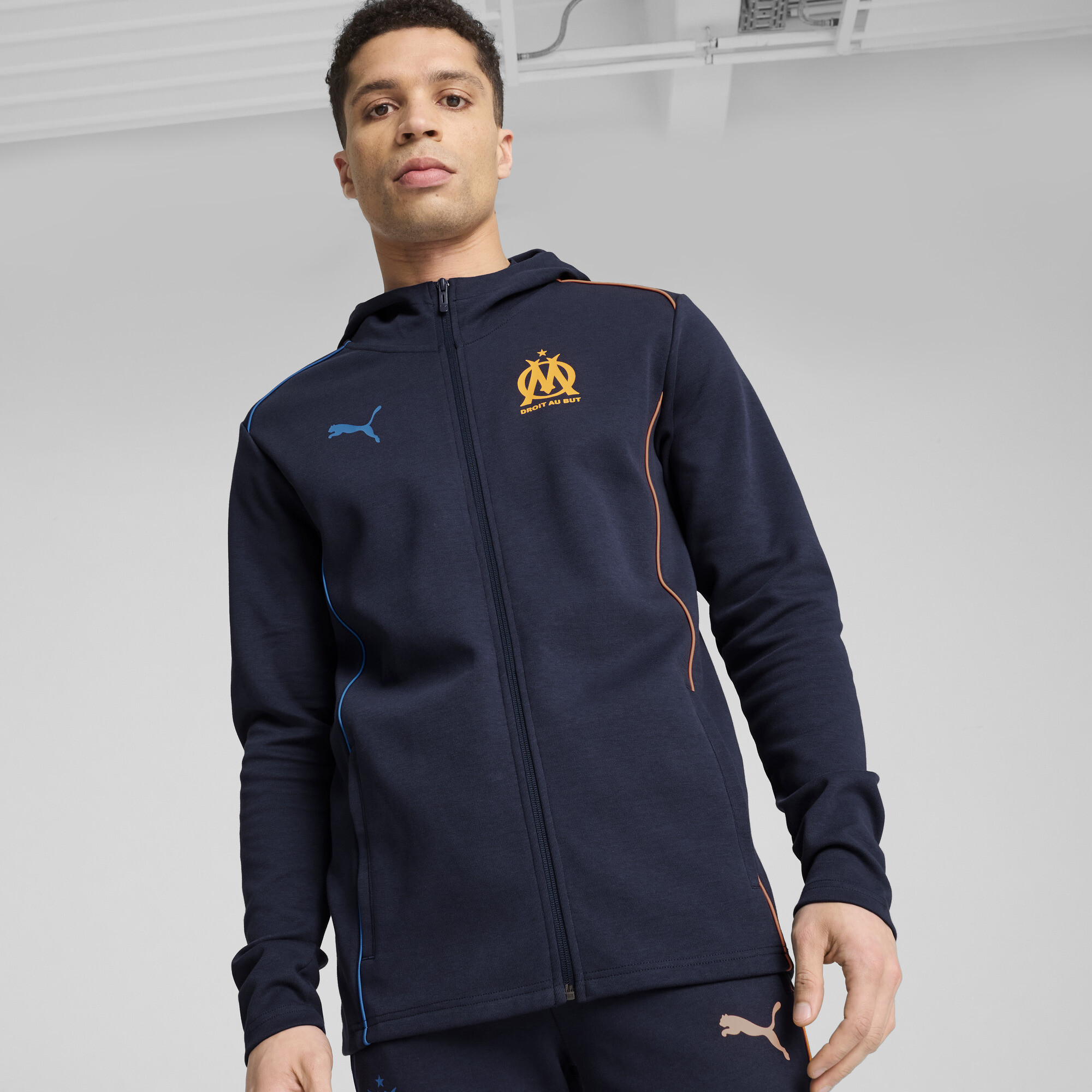 Puma Olympique de Marseille Casuals Kapuzenjacke Herren | Mit Plain | Club Navy/Orange Pes/Ultra Blue | Größe: M