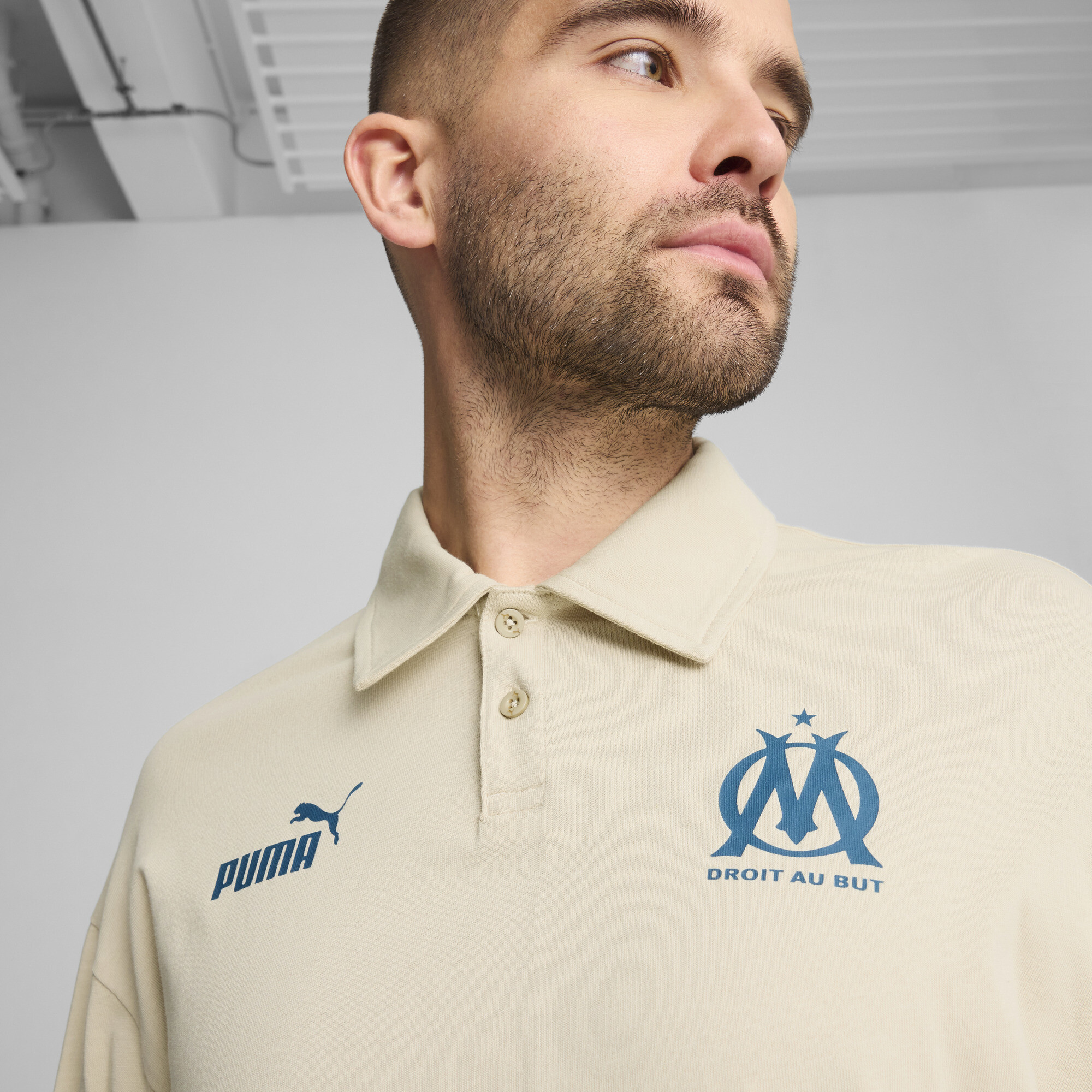 Men's Puma Olympique De Marseille Ftbl CULTURE+ Long-Sleeve Polo T-Shirt, Beige T-Shirt, Size L T-Shirt, Clothing