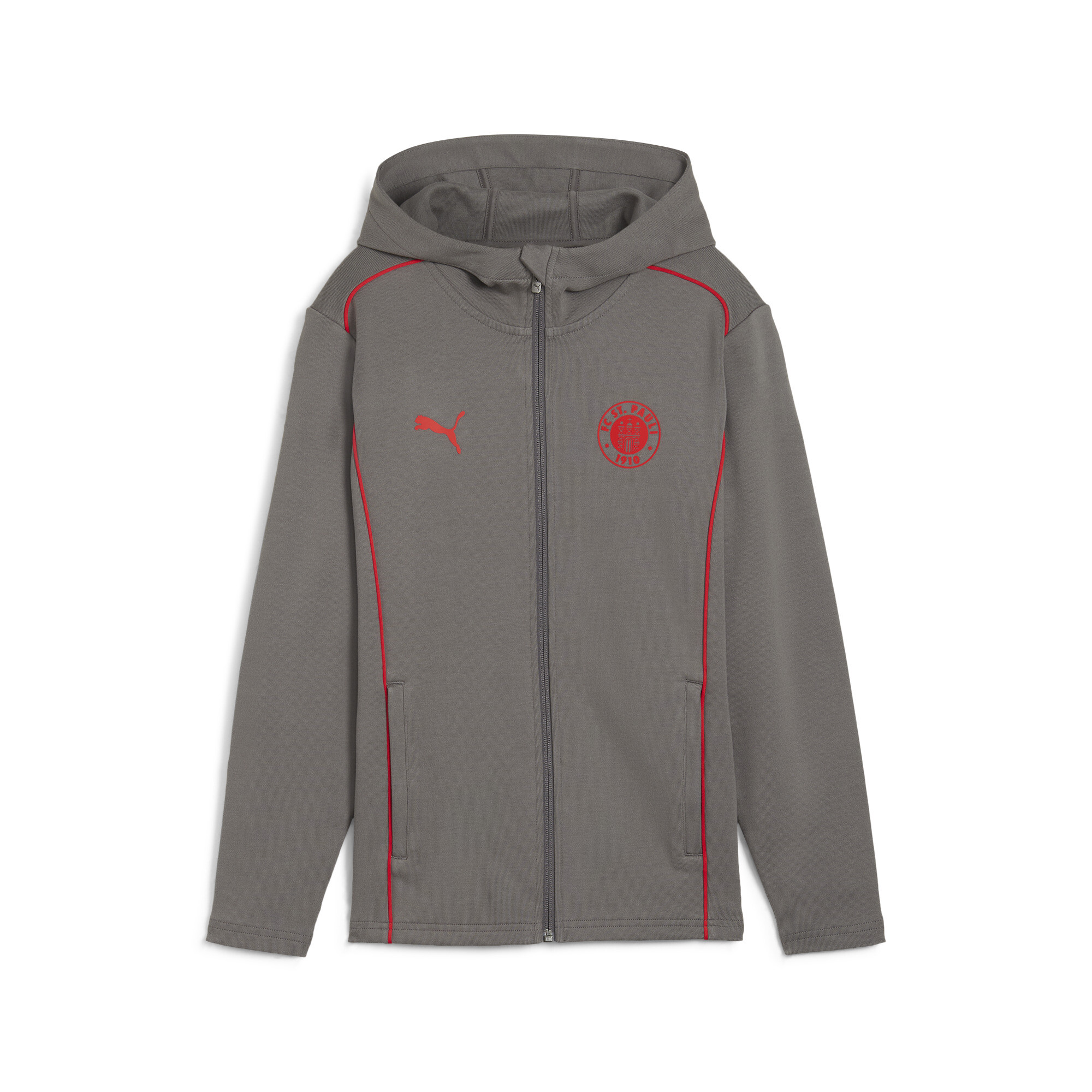 Thumbnail - Puma FC St. Pauli Casuals Kapuzenjacke Teenager Für Für Kinder | Mit Plain | Flat Medium Gray/Red | Größe: 15-16Y
