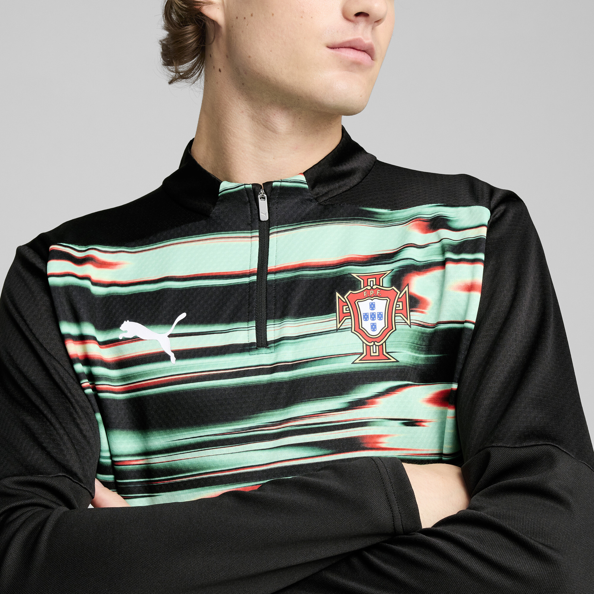 PUMA Portugal prematch-top met kwartrits voor Heren, Zwart/Wit, Maat XS thumbnail 8